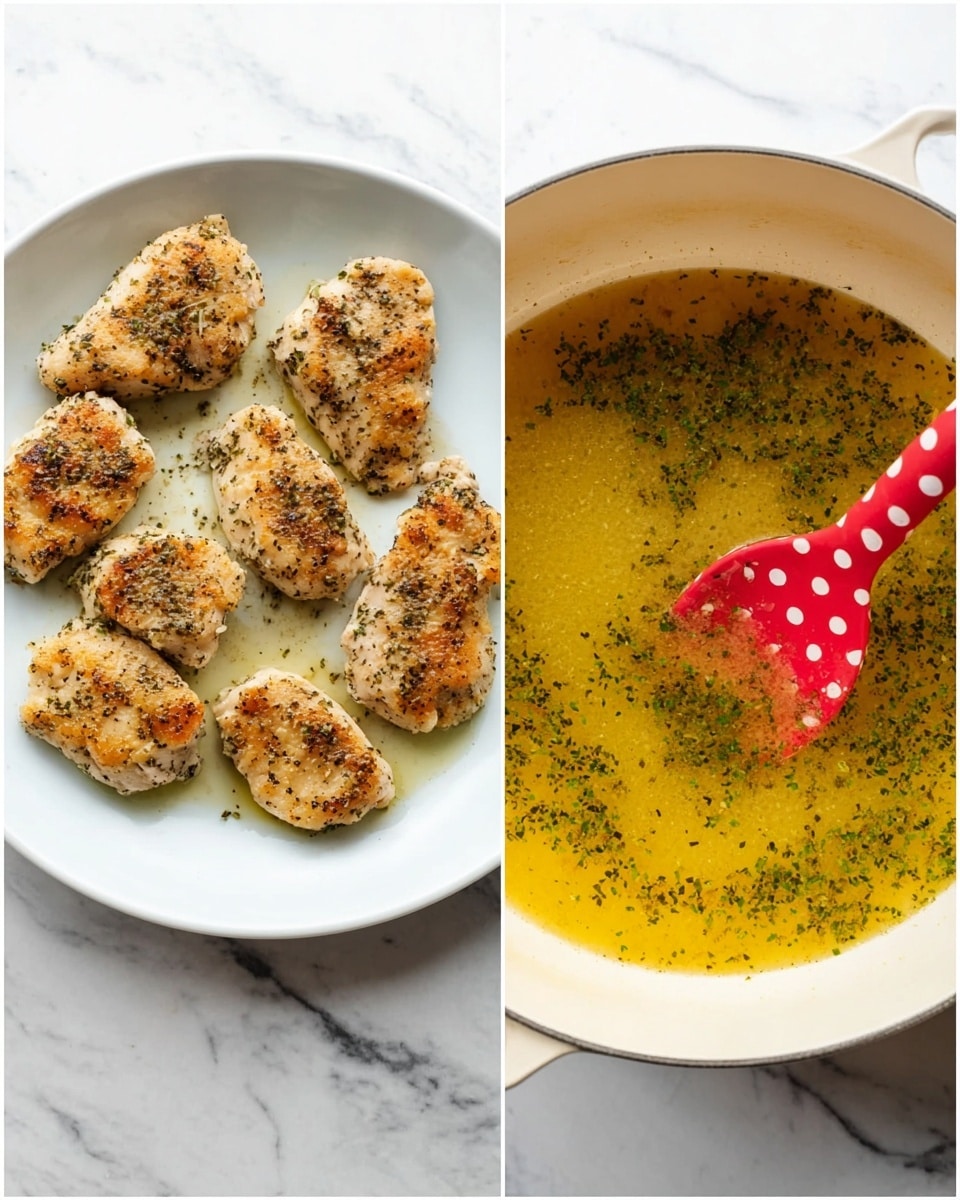 The image shows two scenes side by side on a white marbled surface. On the left, a white plate holds five pieces of cooked chicken, each browned with a slightly crispy texture and seasoned with black pepper and herbs, arranged loosely but evenly spaced. On the right, a large white pot is filled with a yellow broth mixed with finely chopped green herbs, with a red spatula showing white polka dots resting on the edge, partially dipped in the liquid. photo taken with an iphone --ar 4:5 --v 7