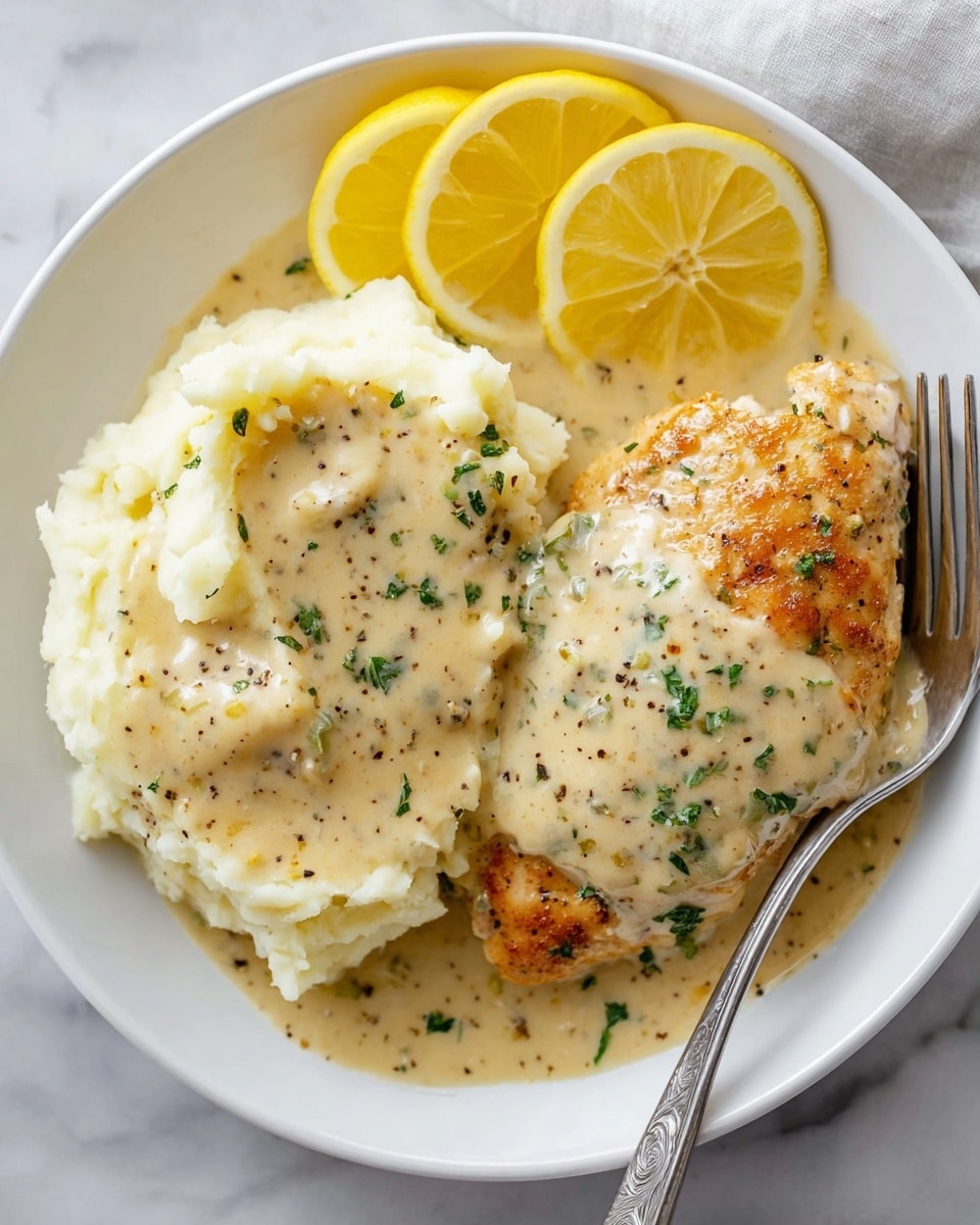 A white plate holds two main layers: on the left is a mound of mashed potatoes with a creamy, light beige gravy sauce speckled with black pepper and herbs draped over the top, and a silver fork resting in the potatoes; on the right, a browned piece of chicken covered in the same creamy gravy with specks of green herbs; at the top of the plate sit three lemon wedges with bright yellow skin and juicy interiors, all set against a white marbled surface. photo taken with an iphone --ar 4:5 --v 7