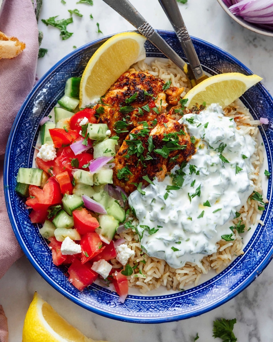 Easy Greek Chicken and Rice Bowl Recipe 6 A white bowl with a blue patterned rim holds a layered dish starting with a bed of light brown rice at the bottom. On top, there is a piece of seasoned cooked chicken with a dark reddish-brown color, garnished with green herbs. To one side, there is a colorful fresh salad made of red tomato chunks, green cucumber pieces, small white cubes of cheese, and bits of purple onion. Next to the chicken and salad is a thick, white creamy sauce with green herbs mixed in and sprinkled on top. Two lemon wedges with a bright yellow color sit on the edge of the rice near the sauce. A silver fork with a black handle rests on the bowl’s edge on top of the rice and chicken. The bowl is placed on a white marbled surface, with small pieces of purple onion and herbs scattered around. Photo taken with an iphone --ar 4:5 --v 7