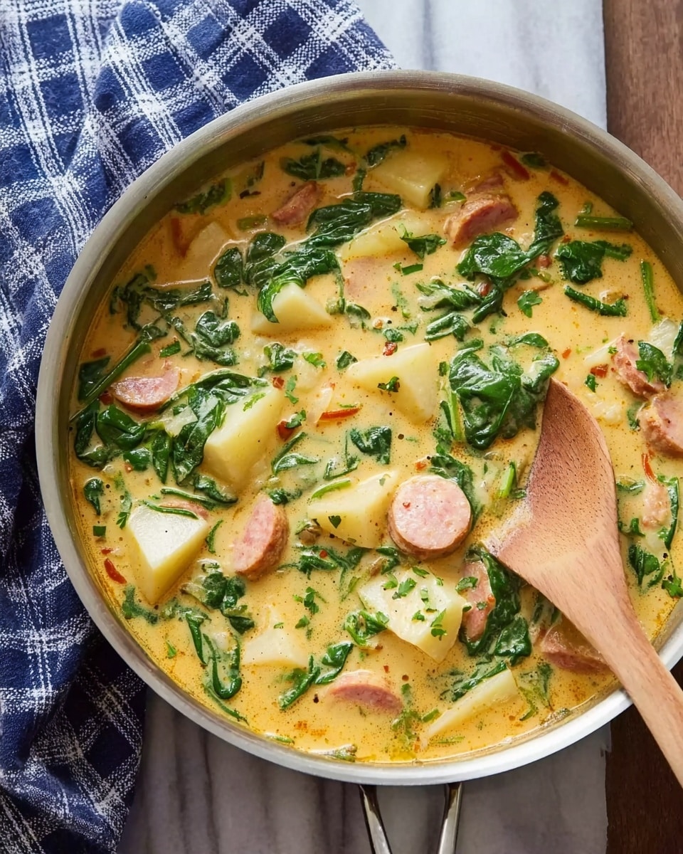 A large pan filled with creamy yellow stew containing light pink sausage pieces, large off-white potato chunks, and bright green spinach leaves evenly mixed in the sauce. A wooden spoon stirs the ingredients, showing the smooth texture of the sauce and the fresh ingredients inside. The pan sits on a white marbled surface next to a blue and white checkered cloth. photo taken with an iphone --ar 4:5 --v 7