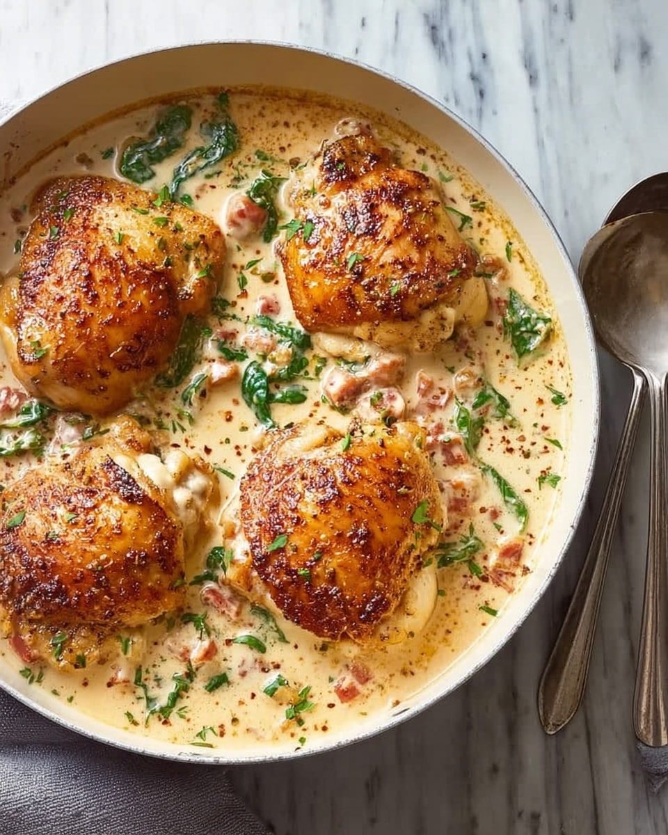 A white pan filled with four golden-brown chicken pieces on top, each piece showing a crispy, slightly speckled skin. The creamy sauce beneath is light beige with visible small chunks of light pink and green leafy bits scattered throughout. The pan is placed on a white marbled surface, with a spoon and a ladle resting beside it. The sauce has a smooth texture with small herbs sprinkled on top. photo taken with an iphone --ar 4:5 --v 7