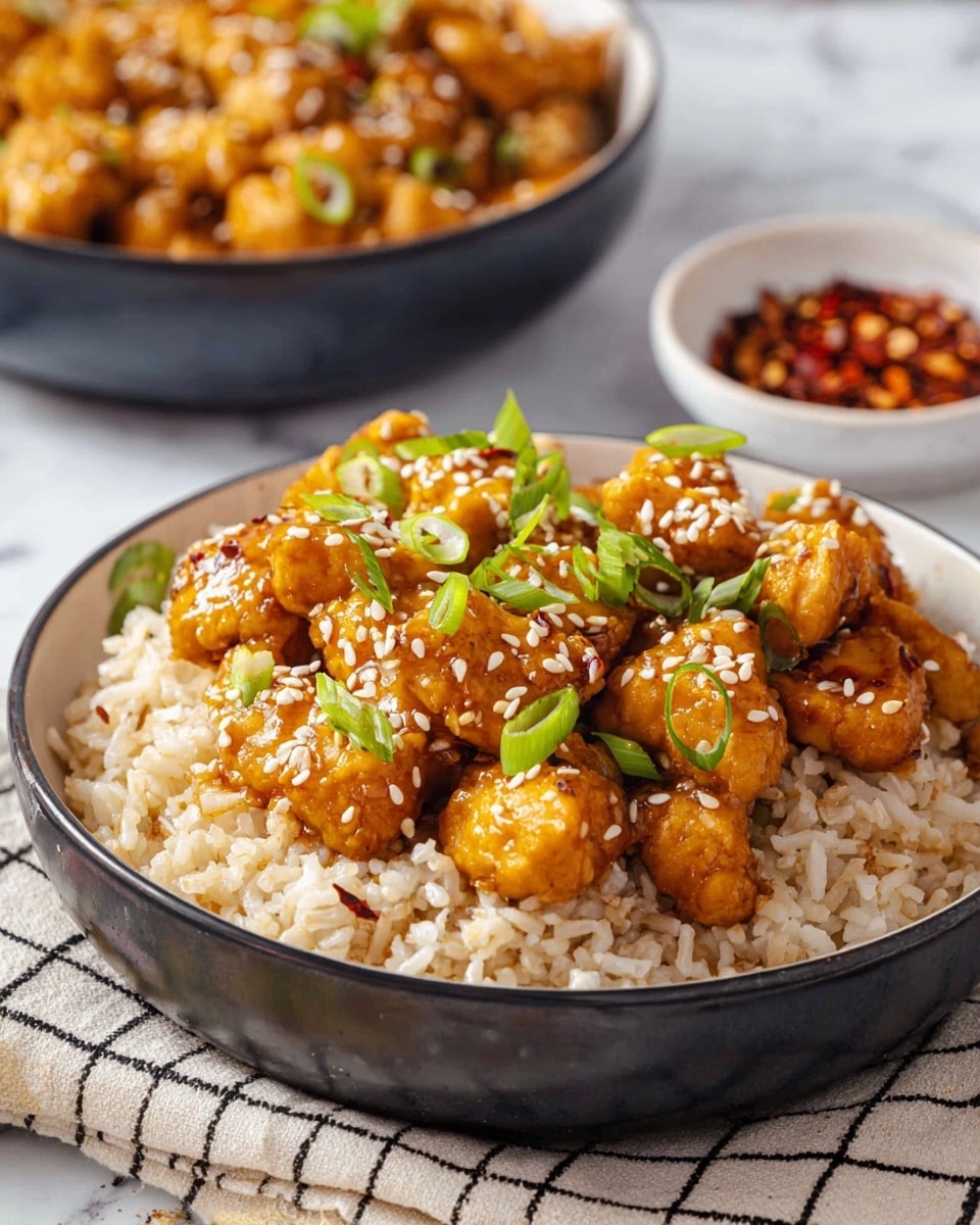 A white bowl filled with a base layer of light brown cooked rice, topped with a second layer of small pieces of golden-brown glazed chicken, sprinkled with white sesame seeds and thin slices of green onion scattered over the top. The bowl is set on a soft beige cloth with a black grid pattern, placed against a white marbled surface. In the background, there is another bowl filled with the same dish, slightly out of focus, and a small white dish holding red chili flakes is also visible. Photo taken with an iphone --ar 4:5 --v 7