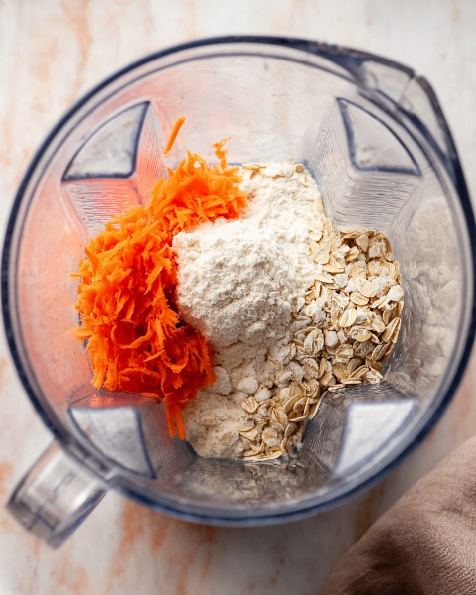 A clear blender container set on a white marbled surface holds ingredients layered inside: bright orange shredded carrot on the upper right side, a mound of fine white powder (likely flour or protein powder) in the center, light brown oats to the bottom right, and a few translucent ice cubes scattered throughout. The blender has a glossy, transparent texture with triangular shapes embedded in its walls. In the background, a light brown cloth is slightly visible on the white marbled surface photo taken with an iphone --ar 4:5 --v 7