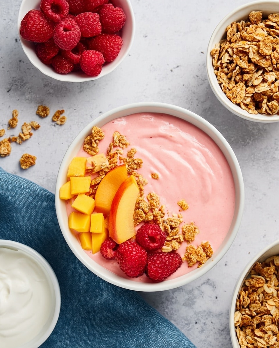 A white bowl filled with a smooth pink smoothie layer covers most of the bowl’s surface. On top, from left to right, there are bright red raspberries, small yellow-orange peach cubes, and golden-brown granola clusters arranged in neat sections. Around the bowl, a white bowl with red raspberries sits on the top left, a white bowl filled with white yogurt is at the bottom left on a blue cloth, and a white bowl full of golden granola is on the right, all placed on a white marbled textured surface. Photo taken with an iphone --ar 4:5 --v 7