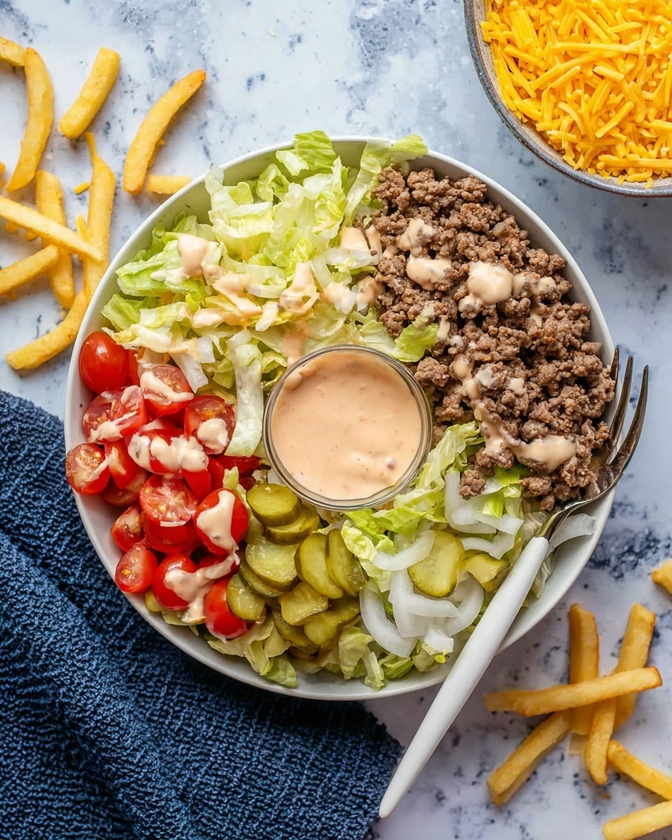 A white bowl filled with layers starting from the bottom with shredded light green lettuce, topped with dark brown cooked ground meat mixed with small white onion pieces on one side. Next to the meat are bright red halved cherry tomatoes, followed by green sliced pickles. There are small chopped white onions scattered around the bowl, and a pile of yellow shredded cheese on the side. In the center of the bowl, a small round container holds a creamy light pink sauce, with some of this sauce drizzled over the meat, pickles, and cheese. A silver spoon with a white handle rests on the right edge of the bowl. The bowl sits on a white marbled surface with some scattered yellow French fries around it, and a dark blue textured cloth is partially visible on the bottom left. Photo taken with an iphone --ar 4:5 --v 7