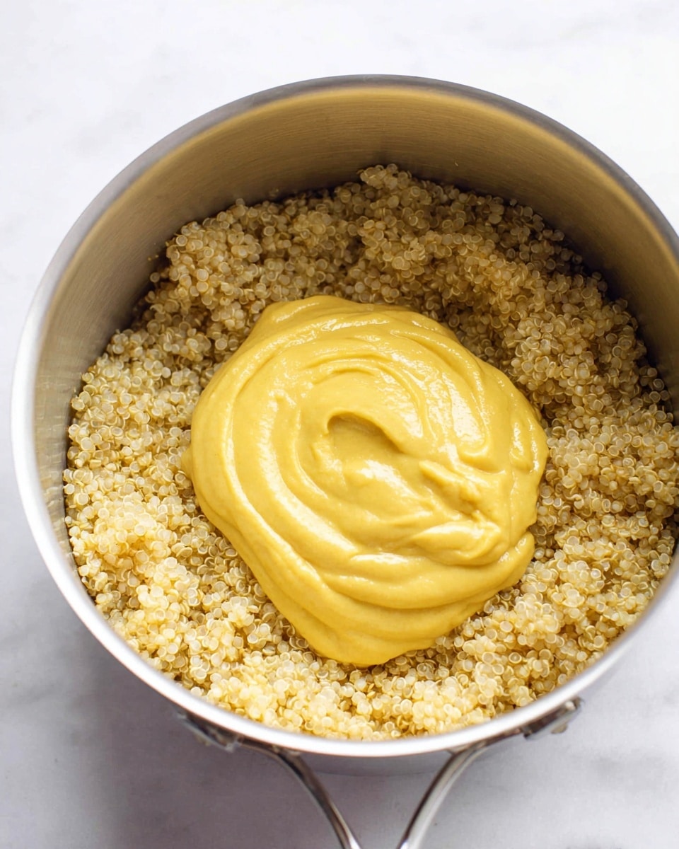 Inside a silver pot on a white marbled surface, there is one layer of cooked quinoa that has a light beige color with small, round grains. On top, there is a thick scoop of creamy, smooth yellow sauce with a slightly swirled texture. The sauce sits centrally on the quinoa, showing a soft contrast in color and texture between the two layers photo taken with an iphone --ar 4:5 --v 7