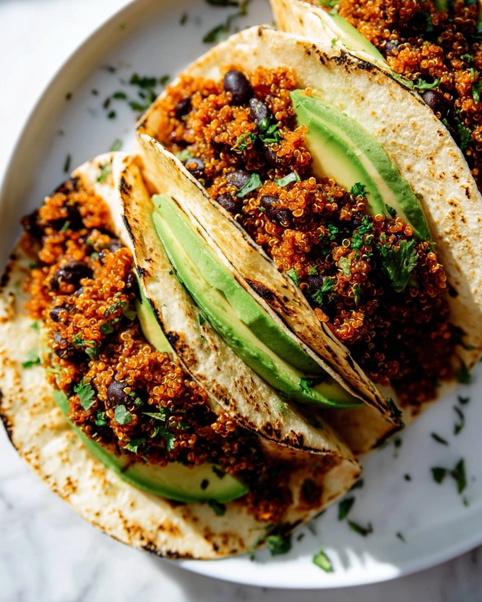 The image shows three tacos stacked close together on a white plate, placed on a white marbled surface. Each taco has one layer of lightly charred white tortilla folded in half. Inside, there are two main layers: the bottom layer is made of smooth, bright green slices of avocado, and the top layer is filled with reddish-orange quinoa mixed with black beans and small bits of cooked onion, garnished with finely chopped fresh green herbs sprinkled evenly on top. The colors are vibrant with a contrast between the dark beans, bright avocado, and warm quinoa. The scene is captured with strong natural light, highlighting the textures and colors of the ingredients photo taken with an iphone --ar 4:5 --v 7