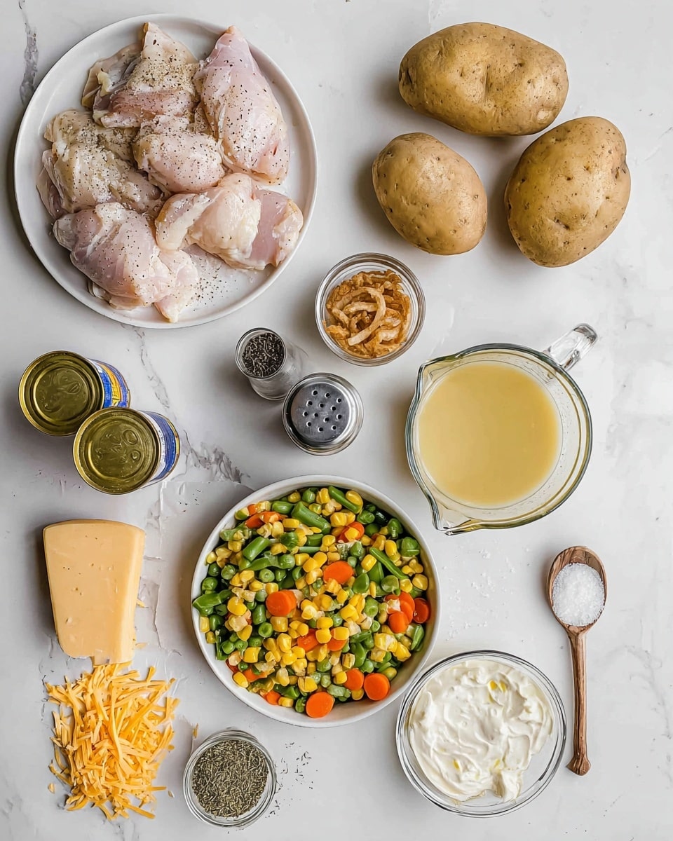The image shows raw chicken pieces seasoned with salt and pepper stacked in a white bowl in the top left. To the right, there are three whole light brown potatoes on a white marbled surface. Below the potatoes, a clear glass measuring cup filled with light yellow broth is visible. At the bottom left, there is a small pile of shredded orange and white cheese with a block of cheese and a grater underneath. Next to the cheese, there are two glass shakers filled with black pepper and salt. In the center, there is a white bowl filled with mixed vegetables including green beans, carrots, peas, and corn. To the right of the vegetables, there is a small metal cup filled with fried onions, and beside it, a white bowl filled with sour cream and a spoon inside. A wooden spoon with dried green herbs lies below the shakers. Two small cans with yellow sauce and creamy mushroom soup are positioned to the left side of the image. Photo taken with an iphone --ar 4:5 --v 7