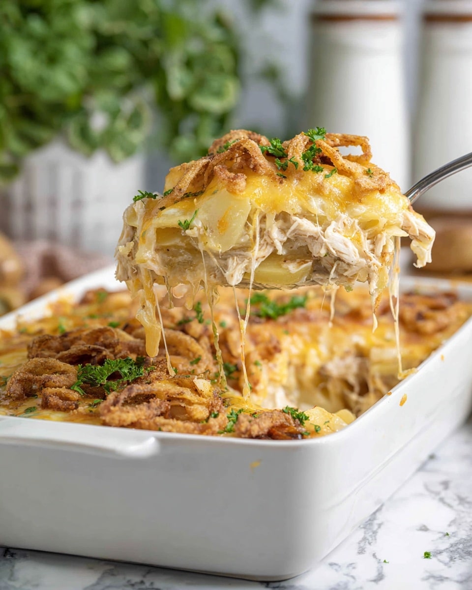 A white rectangular baking dish filled with a layered creamy casserole featuring light golden melted cheese on top mixed with crispy fried onion rings. The layers inside show shredded light beige chicken, soft yellow potatoes, and creamy sauce all cooked together. The top layer is garnished with small green parsley pieces, adding fresh color. A metal serving spoon holds a portion of the casserole lifted up, showing the thick, cheesy texture and melted cheese stretching slightly. The dish is set on a white marbled surface with blurred green plants and white containers in the background. Photo taken with an iphone --ar 4:5 --v 7