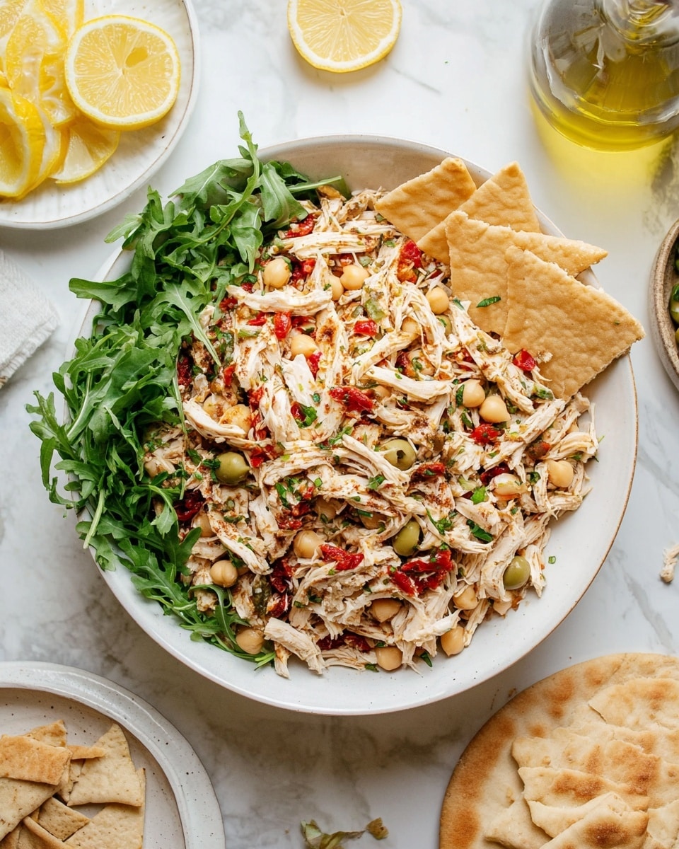 The image shows a white bowl filled with shredded white chicken mixed with small chickpeas, chopped red peppers, and green olives, creating a textured and colorful mixture. On the right side of the bowl, there are light brown pita chips partially resting on top of the chicken mix. Fresh green arugula leaves sit in the bottom left part of the bowl, adding a fresh burst of color. The bowl is placed on a white marbled surface, surrounded by lemon wedges on a white plate in the upper left corner, a bottle of olive oil, some scattered pita chips on the right side, and a stack of pita breads on a white plate at the bottom left. photo taken with an iphone --ar 4:5 --v 7