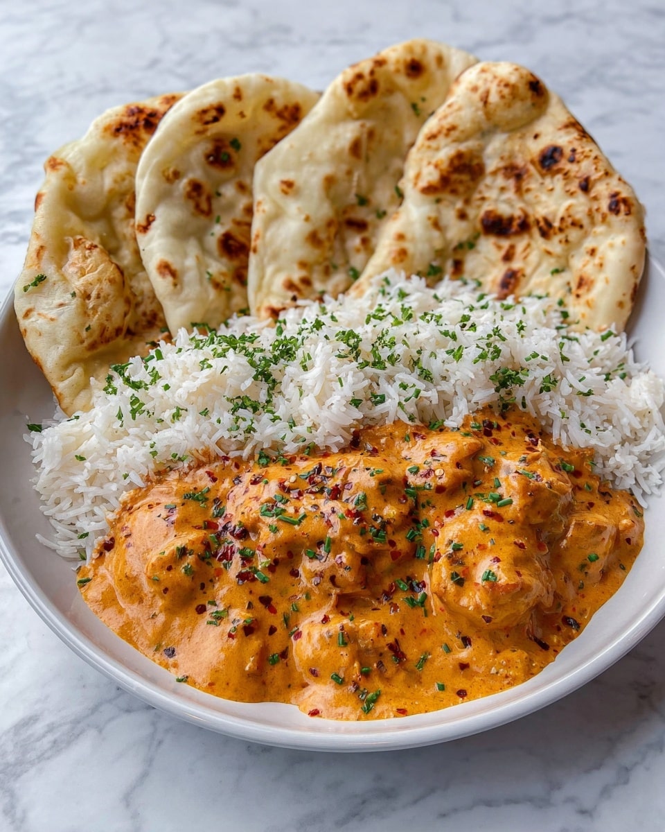 The dish is served on a white plate resting on a white marbled surface. There are three main layers: at the back of the plate, four pieces of light golden-brown naan bread with some darker brown spots are arranged in a semi-circle. In front of the naan, a layer of fluffy white rice is placed, sprinkled lightly with finely chopped green herbs. The front layer consists of orange creamy curry sauce with visible small chunks of food coated in it, garnished with more green herbs and small black and red spice bits, creating a rich and textured look. Photo taken with an iphone --ar 4:5 --v 7