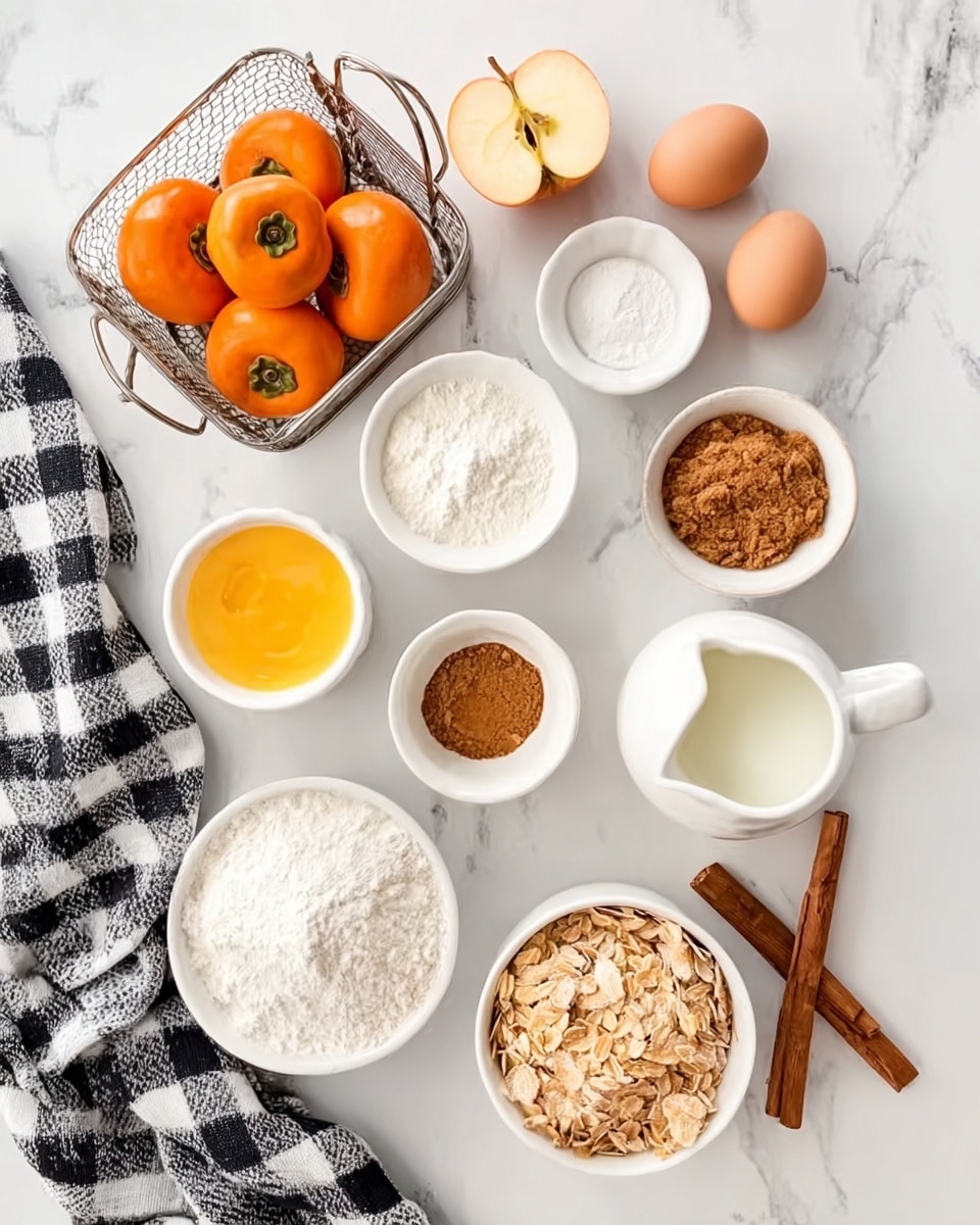 The image shows a white marbled surface with several small white bowls and a white pitcher arranged neatly. At the top left, there is a wire basket holding bright orange persimmons with a sliced apple beside it. Near the center, there are bowls filled with flour, brown sugar, and ground cinnamon next to a small bowl of white powder, likely baking soda or baking powder. A transparent glass of milk, a white pitcher with yellow melted butter, and a bowl containing two eggs sit below. At the bottom right, there is a bowl of shredded light brown pieces, possibly toasted coconut or nuts. Cinnamon sticks are scattered artistically around the items, and a black and white checkered cloth is draped on the left side. photo taken with an iphone --ar 4:5 --v 7