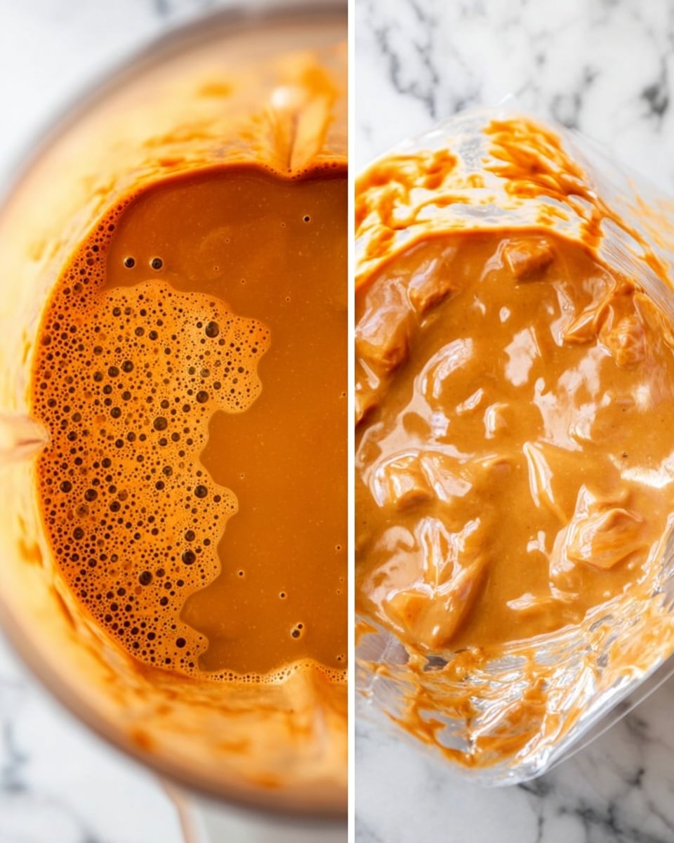The image shows two close-up views of a thick, creamy, orange-brown mixture. On the left, the mixture is inside a blender or container with a smooth, frothy surface and small bubbles. On the right, the same mixture is covering small pieces of raw chicken in a clear plastic bag, creating a marbled effect with the chicken's pale color showing through the sauce. Both parts are placed on a white marbled surface. photo taken with an iphone --ar 4:5 --v 7
