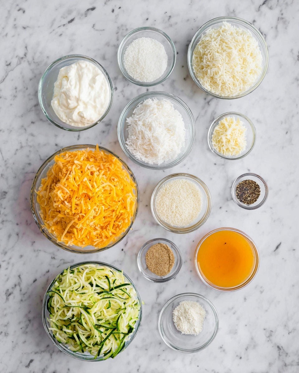 The image shows multiple small clear glass bowls arranged on a white marbled surface. From top to bottom and left to right, there is a bowl of thick white cream, a smaller bowl with salt and pepper mixed, a bowl of shredded white coconut, another bowl of white cream next to a larger bowl filled with cooked rice. Below them is a bowl with shredded bright orange cheddar cheese. At the center bottom is a large bowl filled with shredded green zucchini. To the right are smaller bowls with black pepper, light brown granulated seasoning, and a bowl filled with a smooth bright orange liquid. At the very bottom are two small bowls containing fine white powder, likely grated cheese or breadcrumbs. photo taken with an iphone --ar 4:5 --v 7