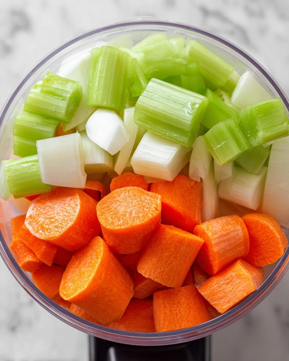 The image shows a clear round container filled with three layers of cut vegetables inside. At the bottom, there are bright orange carrot chunks with a smooth, slightly shiny texture. Above the carrots, cut celery pieces in a light green color with ribbed texture are placed. At the top, a layer of white onion segments is visible, smooth and slightly translucent. The container is placed on a white marbled textured surface, and the photo is taken with an iPhone --ar 4:5 --v 7