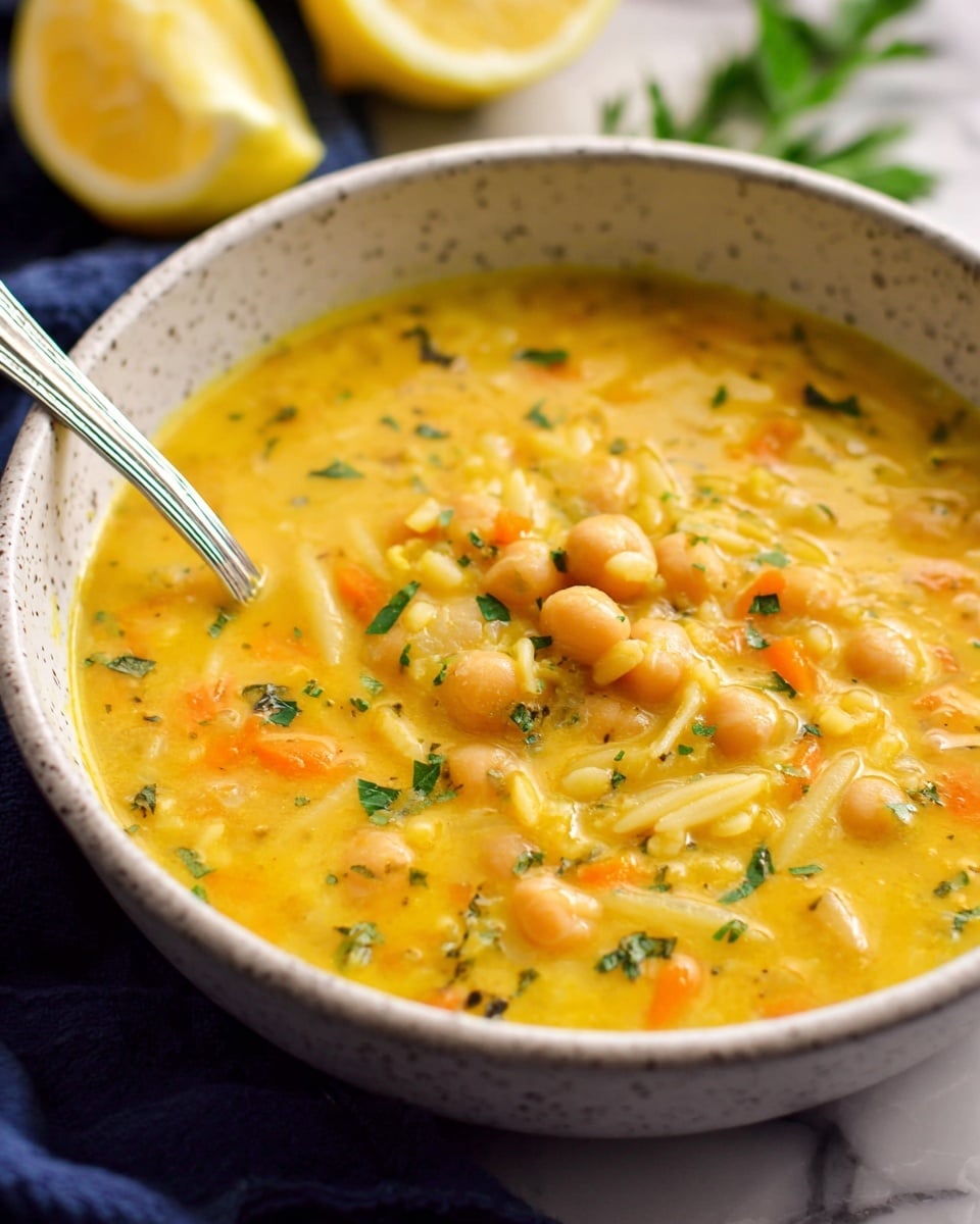 Lemon Chickpea Orzo Soup Recipe 6 A close-up image of a white speckled bowl filled with thick yellow soup that has visible chickpeas, small pieces of orzo pasta, and tiny bits of orange carrot mixed in. The soup is sprinkled with small green herb pieces on top. A silver spoon rests inside the bowl on the left side. In the background, there is a blurred lemon cut in half and some green herbs, all set on a white marbled surface with a dark blue cloth nearby. photo taken with an iphone --ar 4:5 --v 7