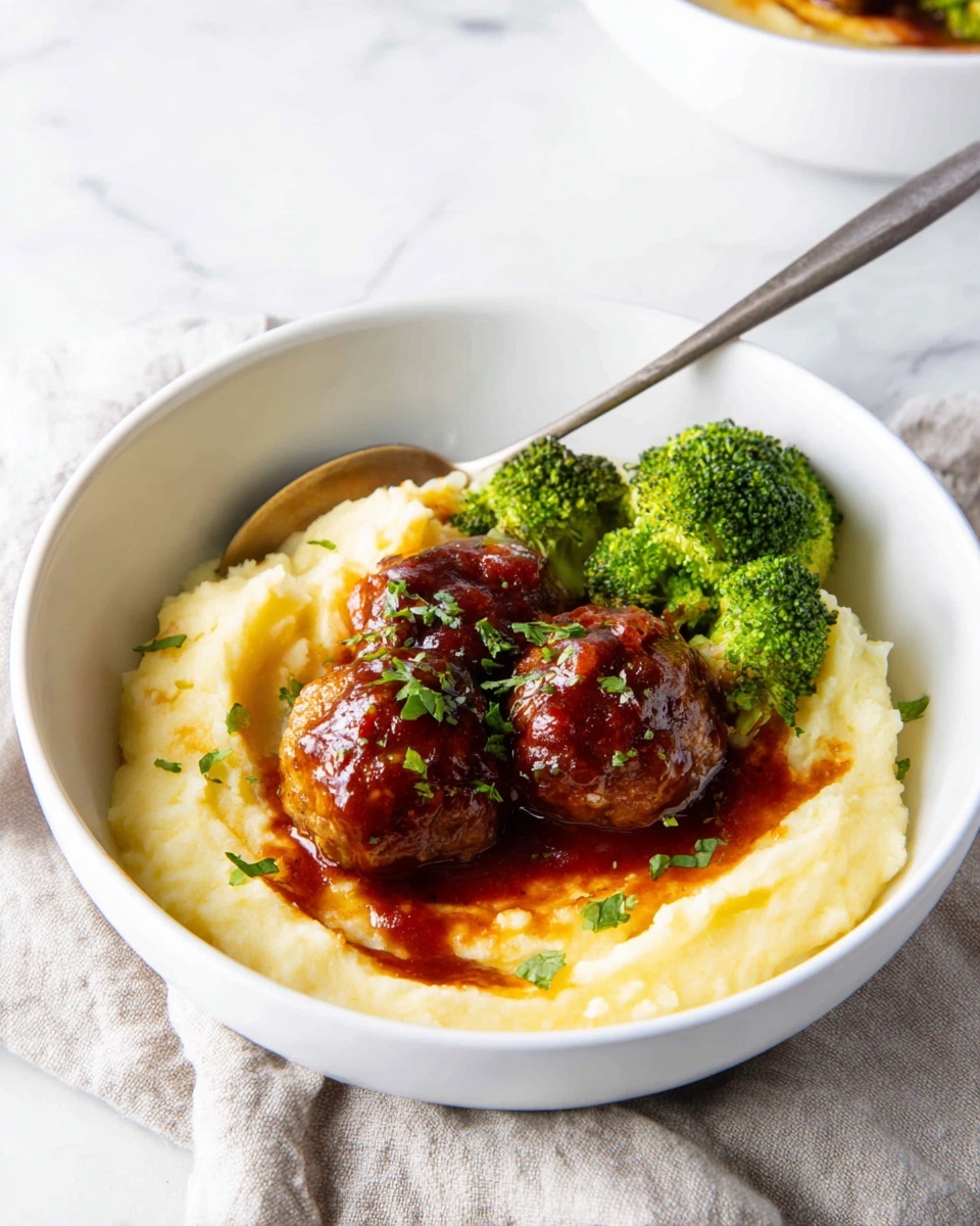 BBQ Meatballs with Creamy Mashed Potatoes Recipe 6 A white bowl holds a dish with three main layers: the bottom layer is creamy mashed potatoes with a smooth, slightly swirled texture and light yellow color; on top are four round meatballs covered in a shiny, dark reddish-brown sauce, arranged close together in the center; to the side, there are bright green broccoli florets adding a pop of color. Small green herb pieces are sprinkled on top of the meatballs and mashed potatoes. A silver spoon rests on the edge of the bowl, partly dipped in the mashed potatoes, all set on a white marbled surface. Photo taken with an iphone --ar 4:5 --v 7