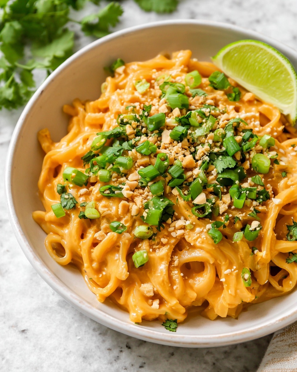 Gluten Free Red Curry Peanut Noodles Recipe 6 A white bowl filled with creamy orange noodles layered in the center, topped with a mix of chopped bright green scallions and fresh green cilantro leaves scattered evenly over the noodles. There are small pieces of crushed peanuts and light tan sesame seeds sprinkled on top. On the edge of the bowl, there is a wedge of bright green lime adding a fresh accent. The bowl sits on a white marbled surface. photo taken with an iphone --ar 4:5 --v 7