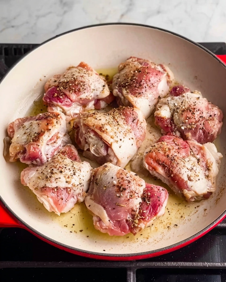 Slow Cooker Chicken Stew Recipe 5 The image shows a white pan with a red outer edge placed on a stove, containing six pieces of raw chicken thighs inside cooking oil. Each chicken piece looks seasoned lightly with black pepper, and you can see a mix of pink flesh and some white fatty parts. The chicken pieces vary in size and are spread out to cover the pan's surface while being cooked. The background is a white marbled texture. photo taken with an iphone --ar 4:5 --v 7