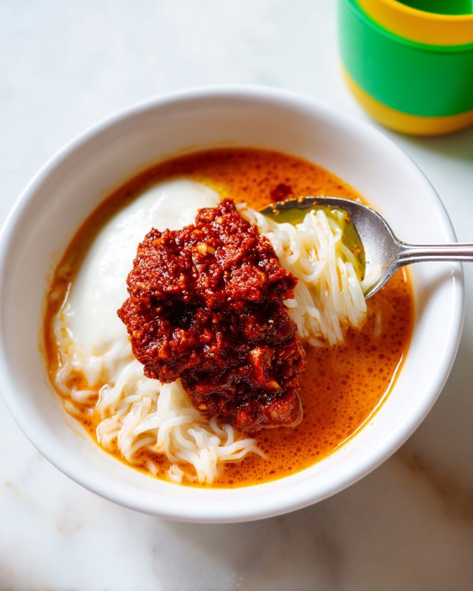 A white bowl sits on a white marbled surface, filled with a rich orange broth that forms the first layer, surrounding a mound of soft white noodles placed slightly off-center. On top of the noodles, there is a thick dollop of deep red chili paste with a textured, slightly chunky appearance, showing bits of chili seeds and oil glistening under the light. A spoon is inserted into the noodles at the back side of the bowl, partially holding up the noodles, adding depth to the scene. Nearby, a green and yellow container edge is partly visible, adding a pop of color to the simple, clean setting. Photo taken with an iphone --ar 4:5 --v 7