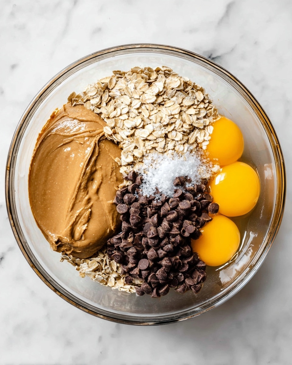 A clear glass bowl sits on a white marbled surface, filled with six distinct layers arranged side by side. On the left, there is a thick layer of smooth peanut butter in a light brown color with a slightly shiny texture. Next to it is a pale beige layer of rolled oats, dry and rough in appearance. Beside the oats is a dense pile of small, dark brown chocolate chips. In the middle of the chocolate chips is a small mound of coarse white salt. On the right side of the bowl are two raw eggs with bright yellow yolks and clear whites, slightly overlapping each other and partially touching the oats. photo taken with an iphone --ar 4:5 --v 7