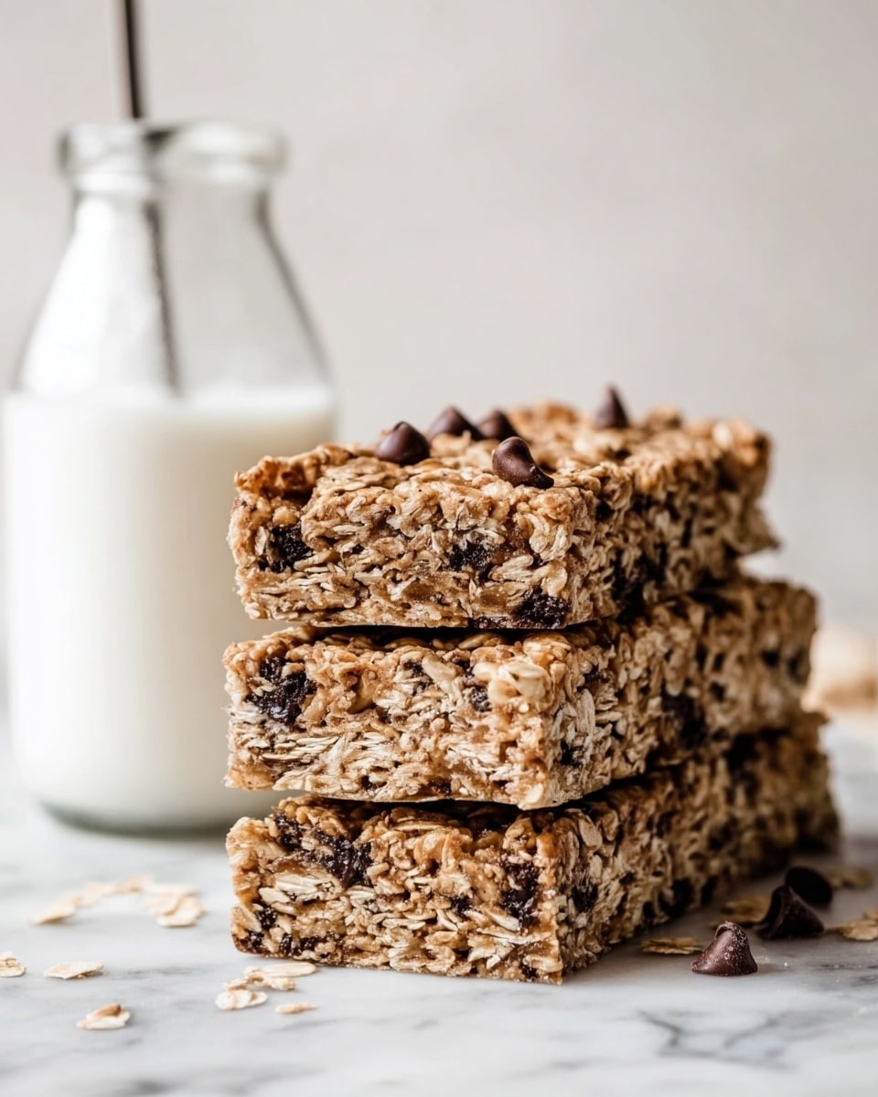 A stack of four rectangular granola bars is placed on a white marbled surface, each bar thick and textured with visible oats and small dark chocolate chips scattered throughout. The bars show layers of light tan oats mixed with darker brown and black chocolate chips, giving a rough textured look. The top bar has several chocolate chips clearly visible on its surface. Next to the stack, a clear glass bottle filled with white milk is slightly blurred in the background. The scene is bright with soft natural light, making the oats and chocolate chips stand out in sharp detail photo taken with an iphone --ar 4:5 --v 7