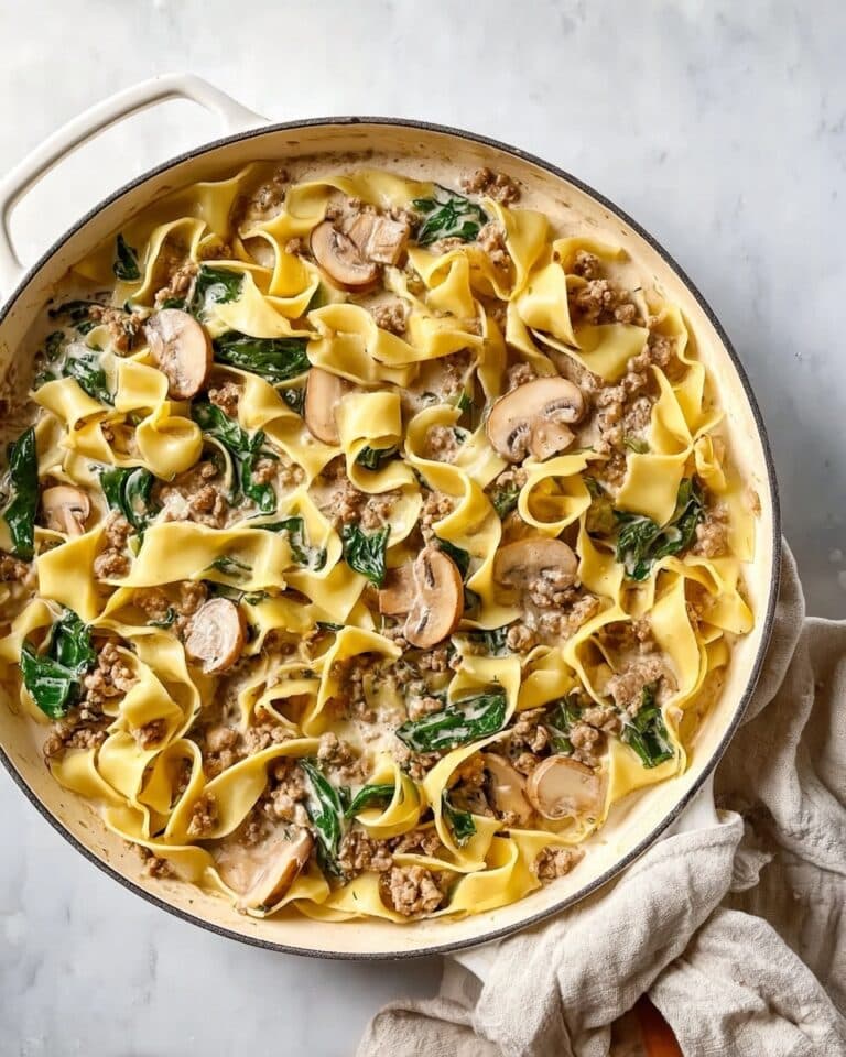 One Pot Cheesy Mushroom Spinach Beef Pasta Recipe