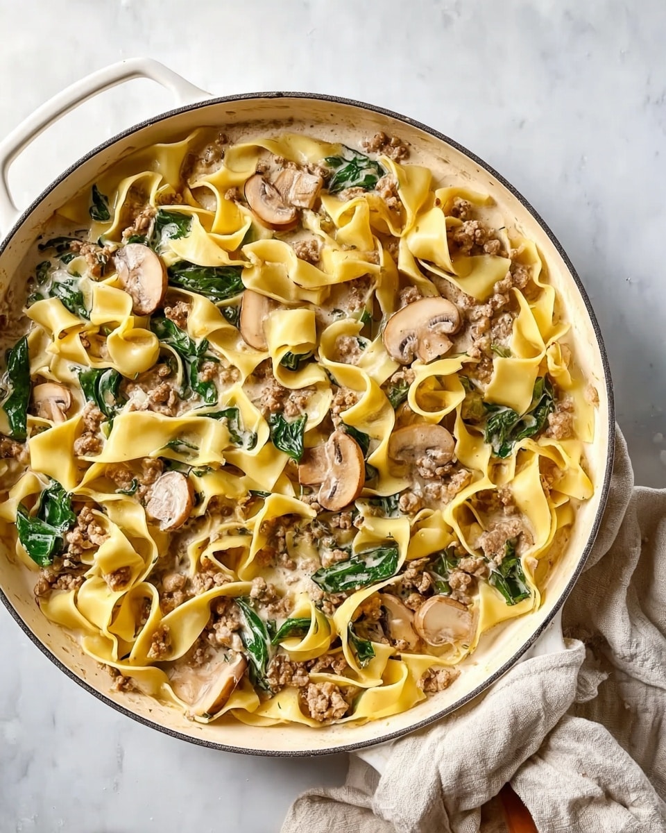 One Pot Cheesy Mushroom Spinach Beef Pasta Recipe