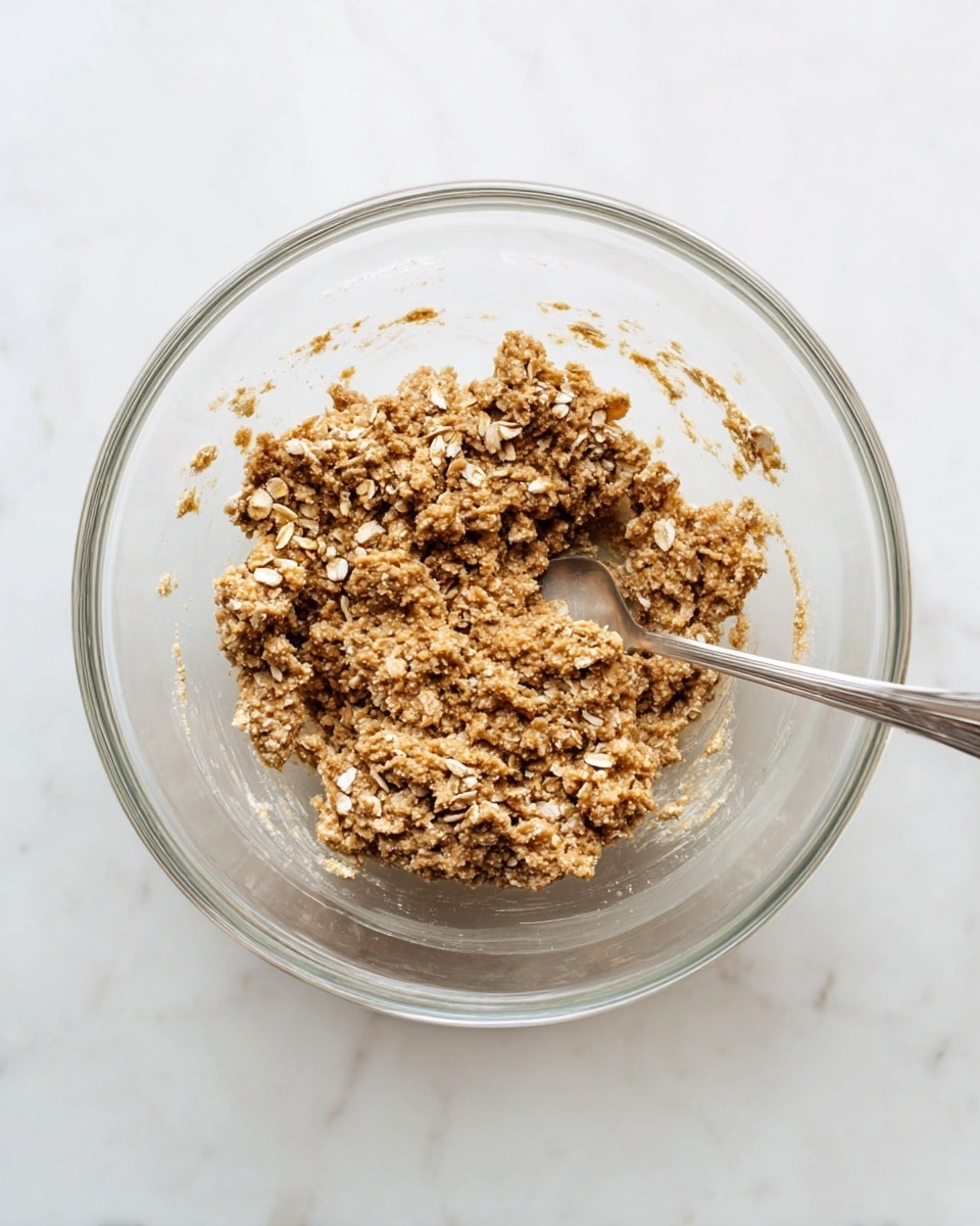 A clear glass bowl sits on a white marbled surface, filled with a mixed brown oat dough. The dough is chunky with visible oats, and its texture looks sticky and dense. A silver spoon is partially submerged in the mixture, angled towards the left side of the bowl. The bowl is about half full, and remnants of the dough stick to the sides. Photo taken with an iphone --ar 4:5 --v 7