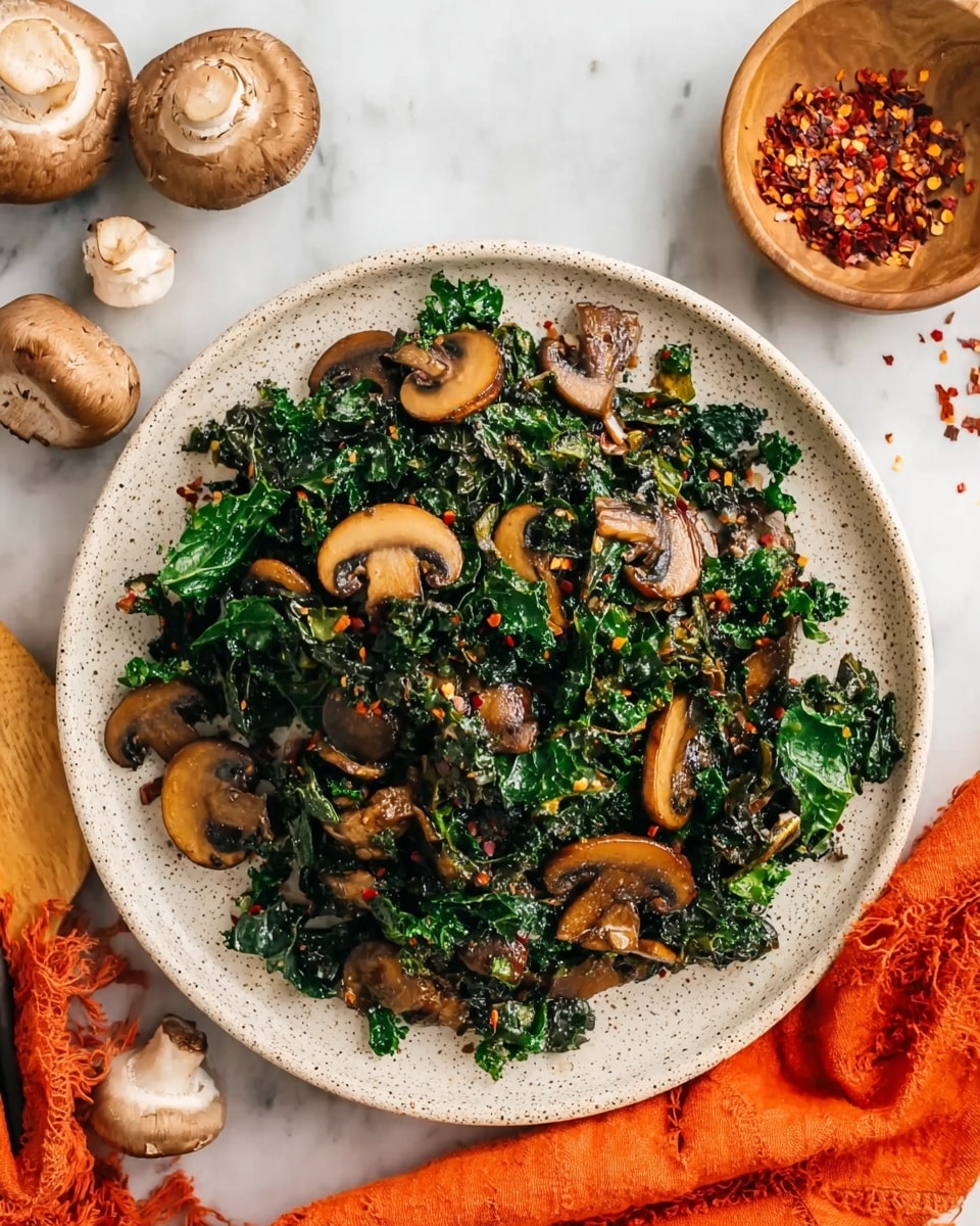 The image shows a white speckled plate filled with cooked kale and sliced mushrooms mixed together. The kale is dark green with a soft, wilted texture, while the mushrooms are light brown with a slightly shiny, cooked surface. The dish looks sprinkled with small red chili flakes for a pop of color. Around the plate, there are whole mushrooms and a small wooden bowl of chili flakes on a white marbled surface, with an orange cloth nearby. photo taken with an iphone --ar 4:5 --v 7