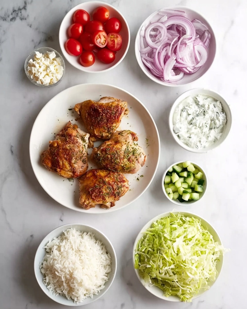 The image shows a white plate with three cooked chicken pieces seasoned with herbs and spices on a white marbled surface. Around the plate, there are six white bowls, each with different ingredients: one with thinly sliced red onions at the top right, a bowl with white sauce mixed with herbs at the right middle, a bowl with chopped green cucumber at the bottom right, a bowl with halved cherry tomatoes at the bottom middle, a bowl filled with shredded green lettuce at the middle bottom, and a bowl with white rice at the bottom left. There is also a small bowl with crumbled white cheese at the left middle. Photo taken with an iphone --ar 4:5 --v 7