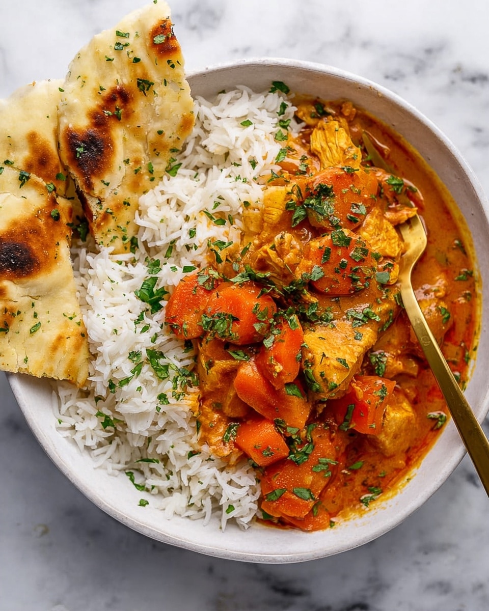 A white bowl sits on a white marbled surface, filled with layers of fluffy white rice on one side and a rich orange curry with chunks of soft carrots and tender pieces of chicken spread over the rice. On top, green chopped herbs are sprinkled finely, adding contrast. Two folded pieces of colora slightly charred flatbread rest on the edge of the bowl. A gold fork is partly inserted into the rice and curry, angled towards the bottom left of the bowl. The food looks warm and inviting, with slight moisture giving the curry a shiny texture. photo taken with an iphone --ar 4:5 --v 7