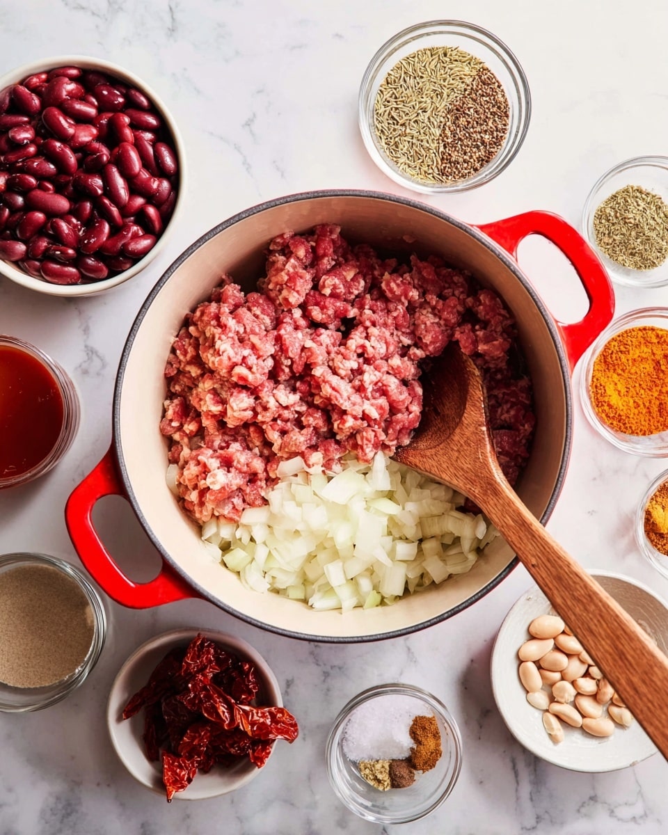 A large white pot with bright red handles sits on a white marbled surface, filled with three main layers inside: the bottom layer is chopped white onions, the middle layer is raw pink ground meat, and a wooden spoon rests on top, partially inside the pot. Surrounding the pot are small white bowls and a glass cup holding different ingredients: dark red kidney beans, beige beans, brown sauce, tomato sauce in a clear bowl, light brown and dark spices, dried herbs, salt, and small pieces of dark red sun-dried tomatoes. The photo taken with an iphone --ar 4:5 --v 7