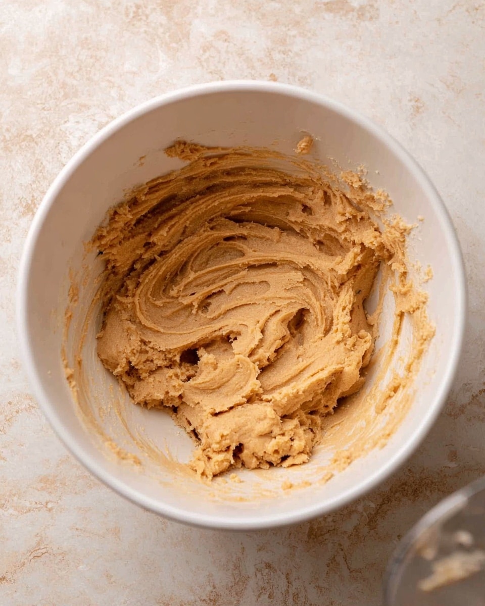 Inside a white mixing bowl, there is a thick layer of light brown cookie dough with a smooth and slightly fluffy texture, spread unevenly around the bowl’s sides. The dough shows swirl patterns and ridges made by stirring, with some parts scooped towards the center. A blurred object in the bottom right corner hints at dough being lifted, while the bowl sits on a surface with a white marbled texture. photo taken with an iphone --ar 4:5 --v 7