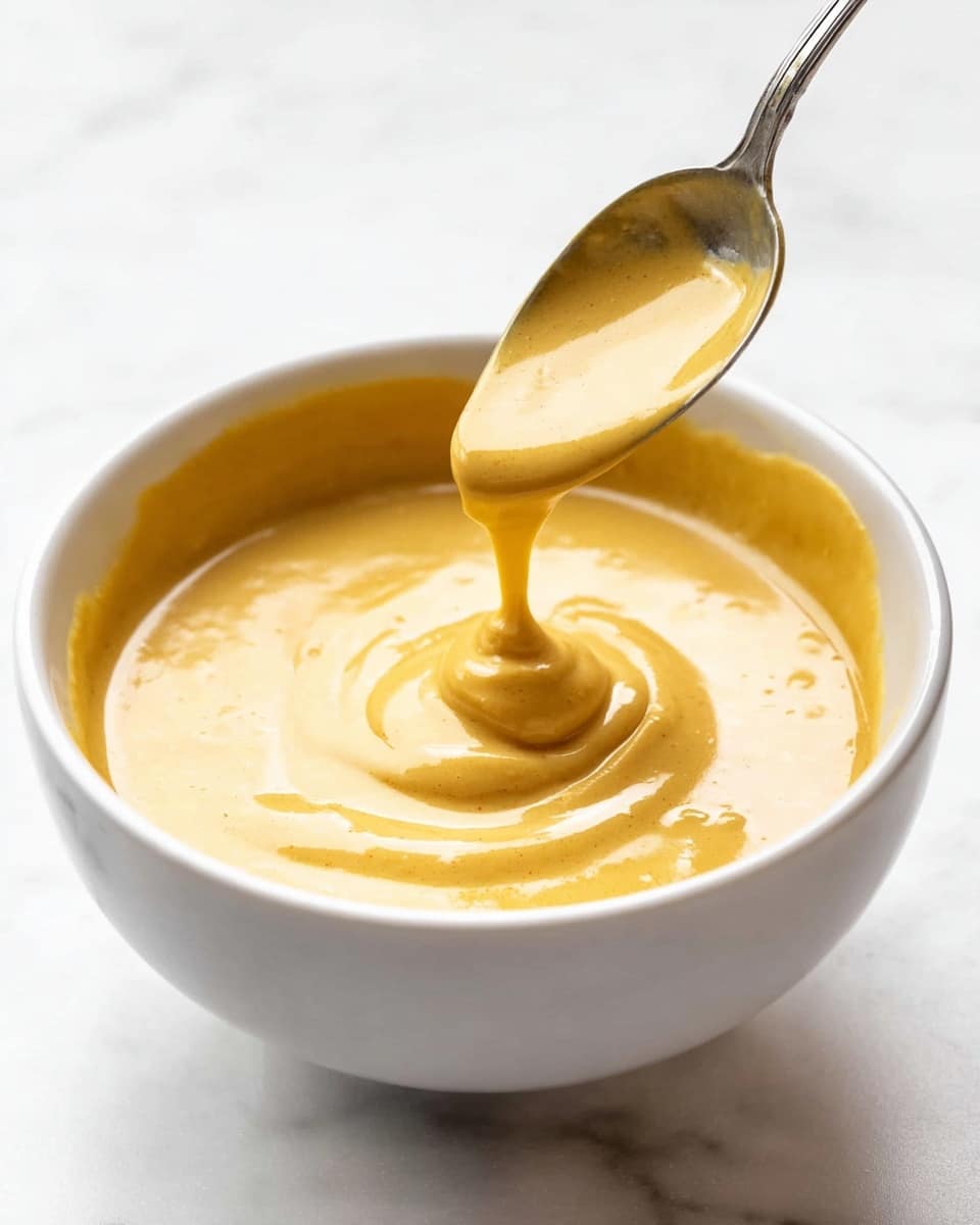 A white bowl filled with smooth, creamy golden-yellow sauce. A silver spoon dips into the sauce, lifting some that swirls back into a small, raised mound in the center of the bowl. The sauce has a shiny, thick texture and the inside rim of the bowl is lightly coated with the same sauce. The background has a white marbled texture. photo taken with an iphone --ar 4:5 --v 7