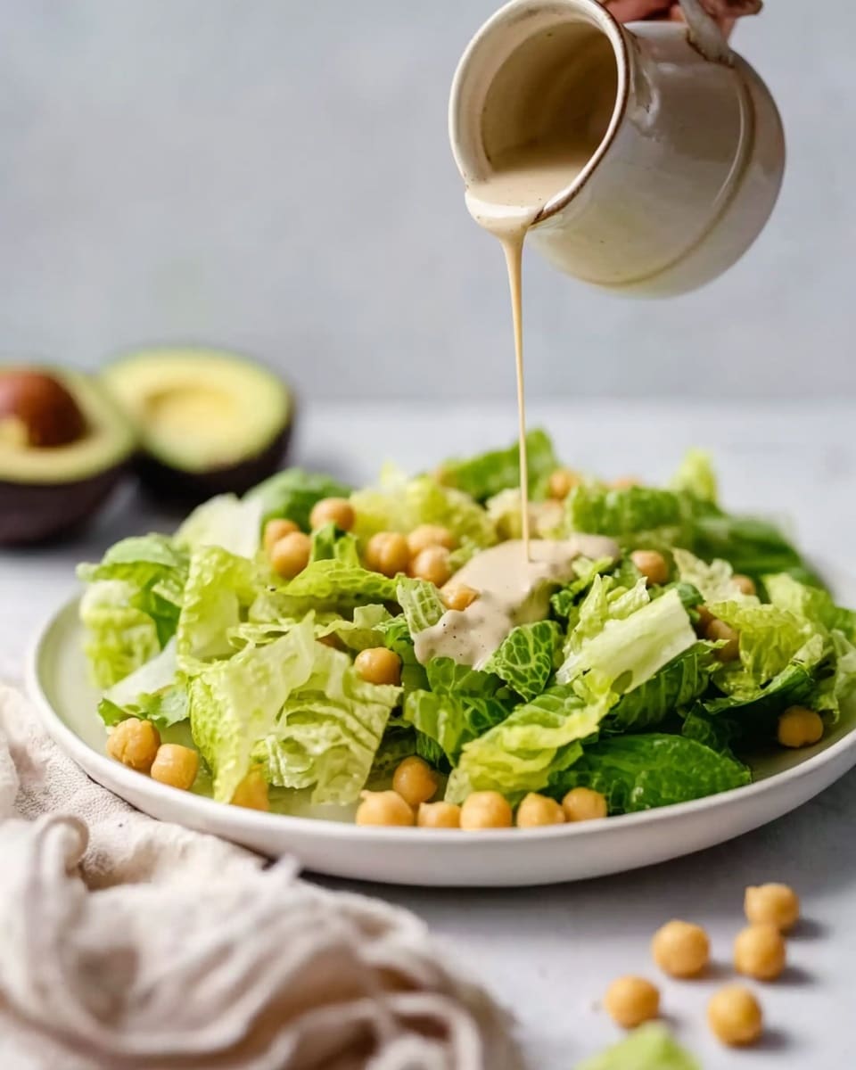 A white plate sits on a white marbled surface holding a fresh green salad made of light and dark green lettuce leaves and topped with light golden chickpeas scattered evenly on top. A small beige jug is held by a woman's hand above the salad, pouring creamy light brown dressing over the greens. In the background, an avocado cut in half with its dark green skin and brown seed visible sits blurred. A light-colored cloth is slightly seen in the foreground near the plate. Photo taken with an iphone --ar 4:5 --v 7