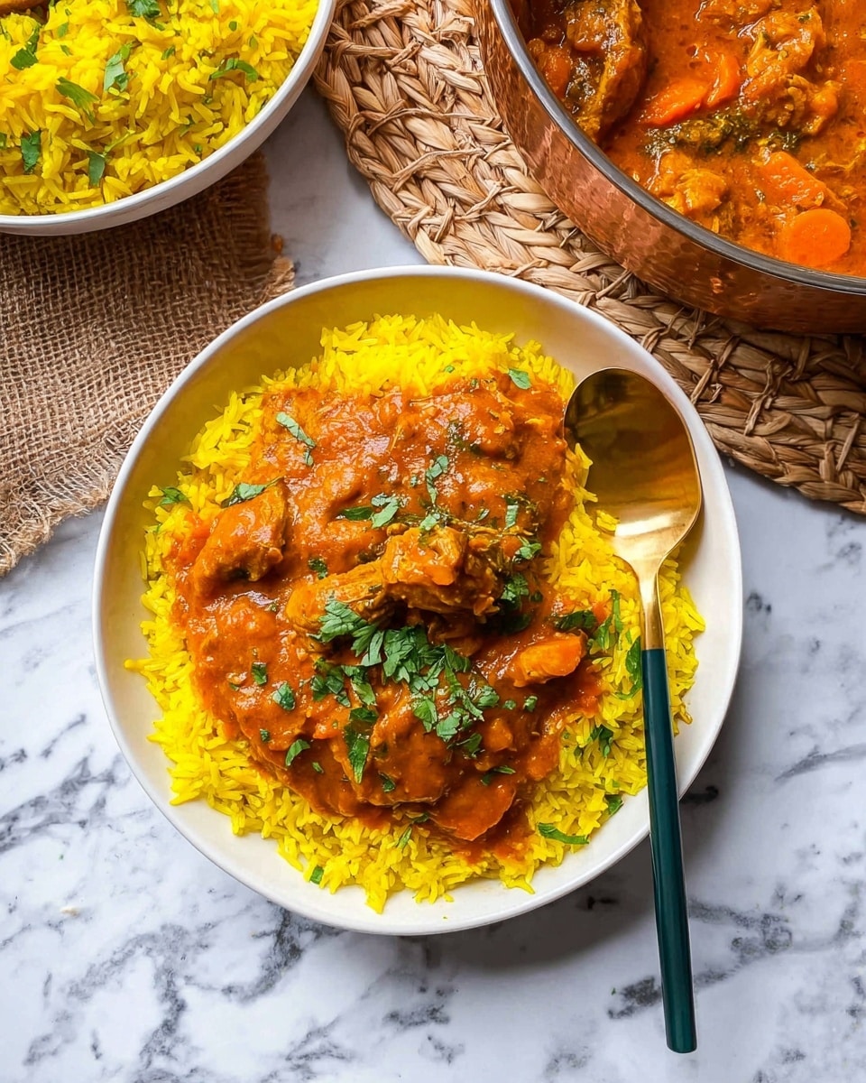 A white bowl holds a base layer of bright yellow rice, fluffed and spread evenly across the bottom. On top, a thick, deep orange sauce with visible chunks of tender meat and carrots covers most of the rice, creating a contrast with the yellow. Fresh green herbs are sprinkled over the sauce, adding a touch of color and freshness. A golden spoon with a dark green handle rests in the bowl on the right side, partially submerged in the rice and sauce. The bowl sits on a white marbled surface, with a woven mat partially visible under the bowl on the upper left side. Nearby, there is a white bowl filled with more yellow rice and a copper pot containing more orange sauce. photo taken with an iphone --ar 4:5 --v 7