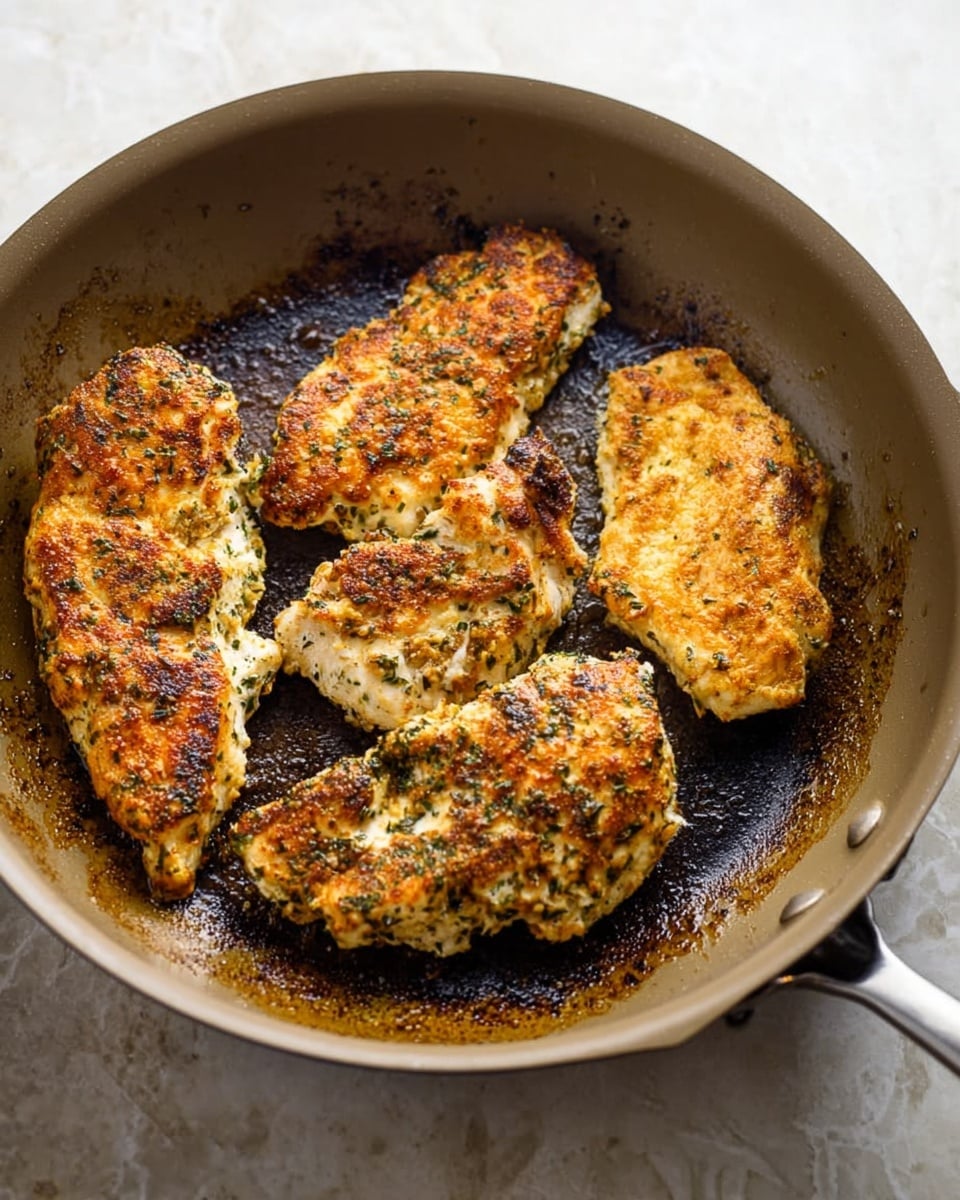 A large light brown pan holds four cooked pieces of chicken with a golden-brown and herb-coated crust. The chicken pieces vary in size and shape, each showing a mix of white and browned textures from cooking. The pan shows some dark browned spots where the chicken has cooked closely to the surface. The background is a white marbled texture. photo taken with an iphone --ar 4:5 --v 7