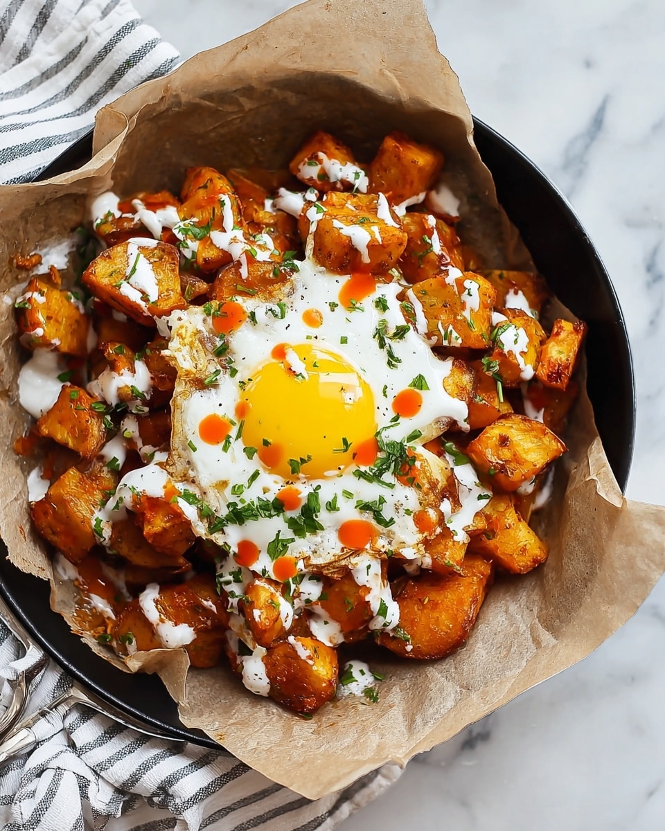 The image shows a black pan lined with brown parchment paper, filled with orange roasted potato chunks that have a slightly crispy texture. On top of the potatoes, there are drizzles of white sauce and orange sauce, along with small green chopped herbs scattered throughout. A sunny-side-up fried egg with a bright yellow yolk sits centered on the potatoes, also garnished with some green herbs and small dots of orange sauce. The pan is placed on a white marbled surface with a striped cloth napkin nearby. photo taken with an iphone --ar 4:5 --v 7