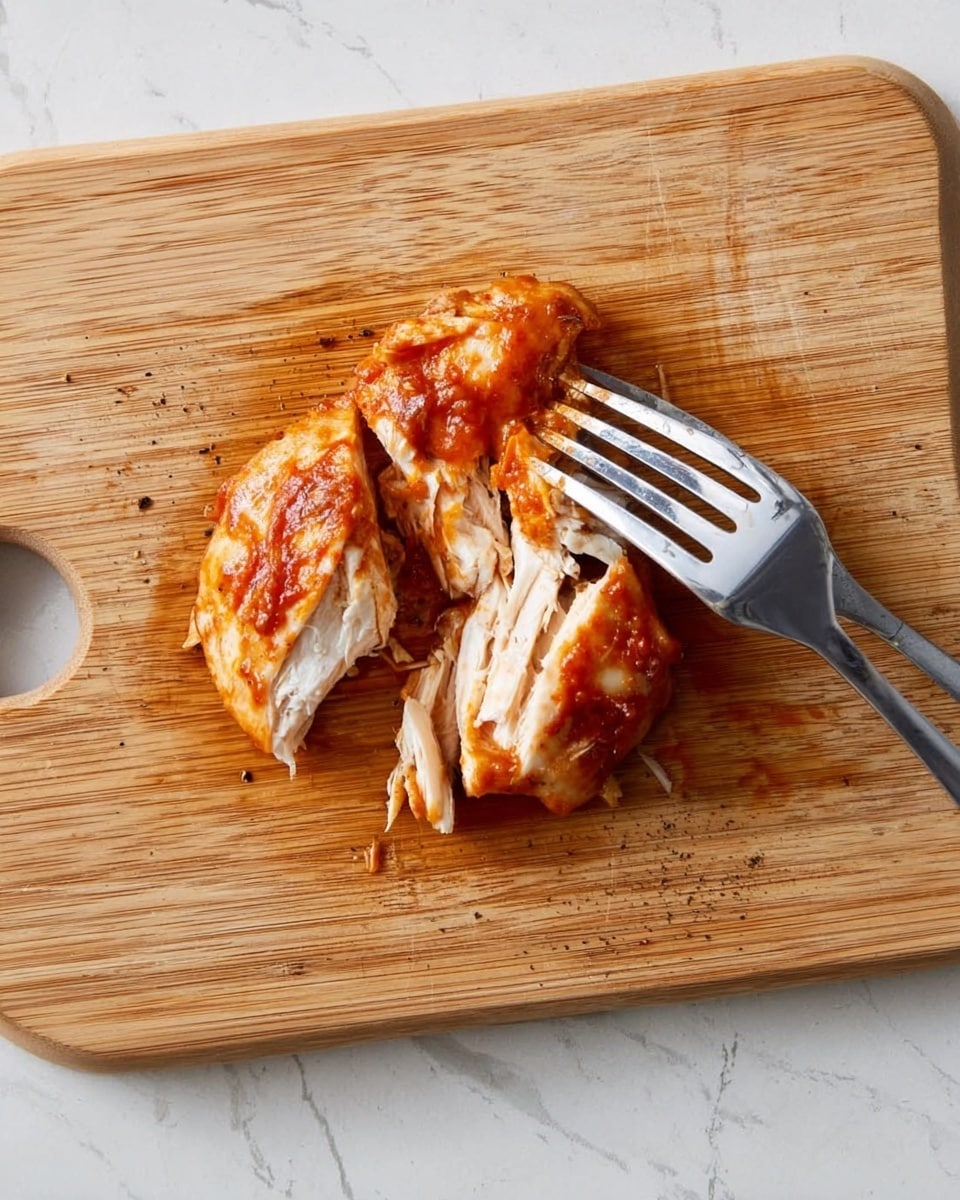 A piece of cooked chicken with a reddish sauce on top sits in the middle of a wooden cutting board. The chicken looks tender and juicy, with the inside showing white meat and some seasoning. Two shiny metal forks press into the chicken from opposite sides, breaking it apart. The cutting board has a light brown wood texture with small markings and a rounded handle. The surface under the board is a white marbled texture. photo taken with an iphone --ar 4:5 --v 7