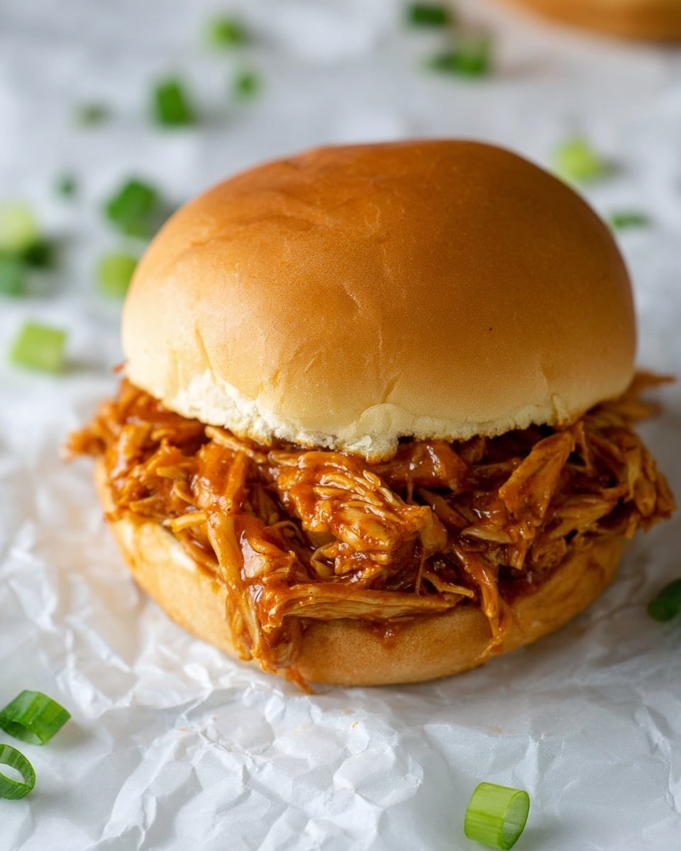 A close-up view of a sandwich with two layers: the bottom layer is a soft, light brown bun, topped with a generous heap of shredded meat coated in a rich, orange-brown sauce, showing fibrous texture and a saucy shine; the top layer is a smooth, round, golden-brown bun slightly domed with a subtle crack on the right side; the sandwich sits on crinkled white paper, scattered with small bright green onion slices, all on a white marbled surface. photo taken with an iphone --ar 4:5 --v 7