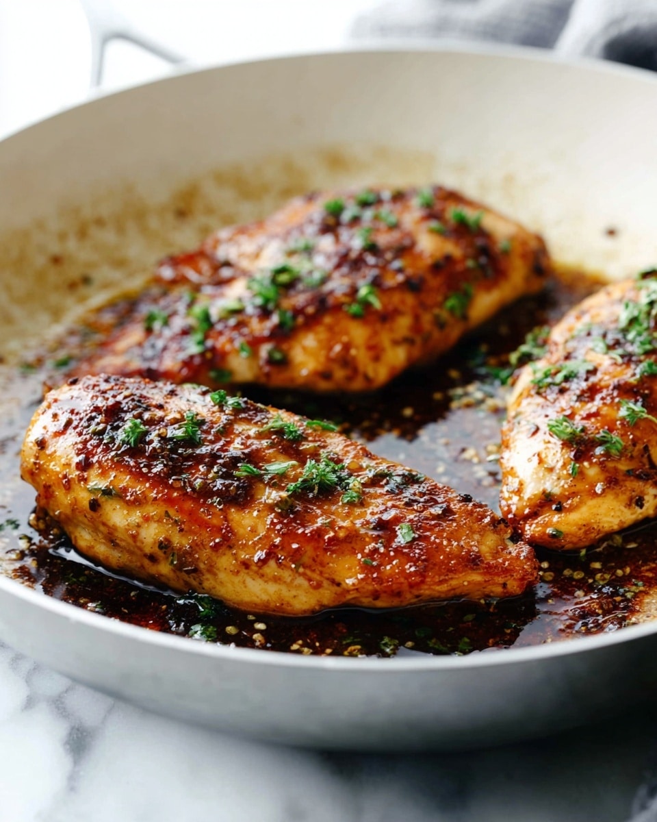 Three golden brown chicken fillets cooked in a white frying pan, each piece showing a crispy, slightly oily texture with visible herbs and spices sprinkled on top. The chicken is glistening with a shiny, cooked glaze. The pan holds some dark cooking juices around the edges of the chicken. The background is softly blurred with a white marbled surface under the pan. photo taken with an iphone --ar 4:5 --v 7