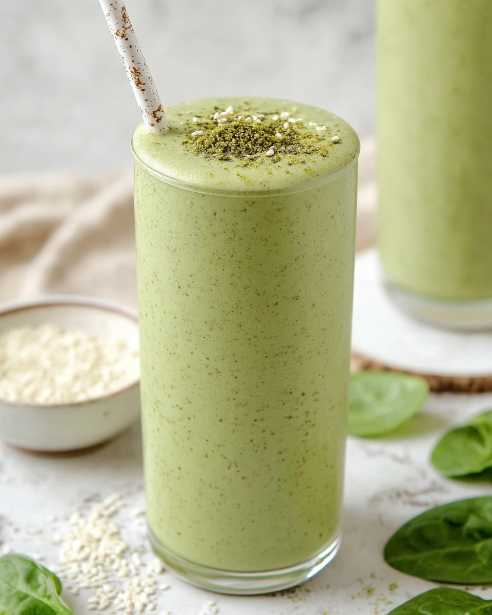 The image shows a tall glass filled with a thick, light green smoothie that has tiny darker green specks throughout. The smoothie fills almost to the top of the glass, with a small layer of foam visible on the surface. On top, there is a sprinkle of finely ground green powder and small white seeds. A white straw with small brown flecks is inserted into the glass on the left side. The glass is set on a white marbled surface with a small white bowl of white seeds visible to the lower right and some green spinach leaves scattered around. In the background, there is another similar smoothie glass. Photo taken with an iphone --ar 4:5 --v 7