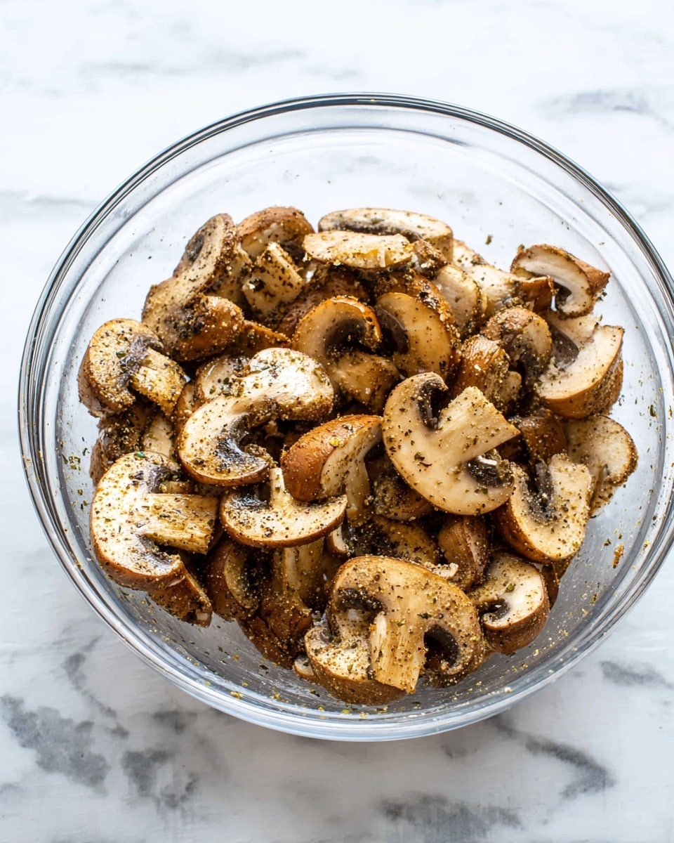 A clear glass bowl filled with one layer of sliced mushrooms that are lightly coated with seasoning. The mushrooms are brown with darker gills visible, and the seasoning adds a textured look with small specks of herbs and spices on their surface. The bowl is placed on a white marbled surface. photo taken with an iphone --ar 4:5 --v 7