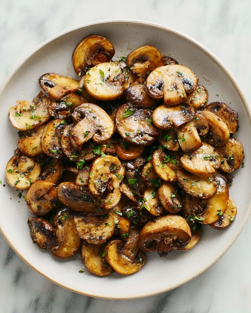 A round white plate filled with a single layer of cooked sliced mushrooms. The mushrooms are golden brown with a slightly shiny, oily texture, showing light charred edges and small bits of green herbs scattered on top. The plate sits on a white marbled surface. Photo taken with an iphone --ar 4:5 --v 7