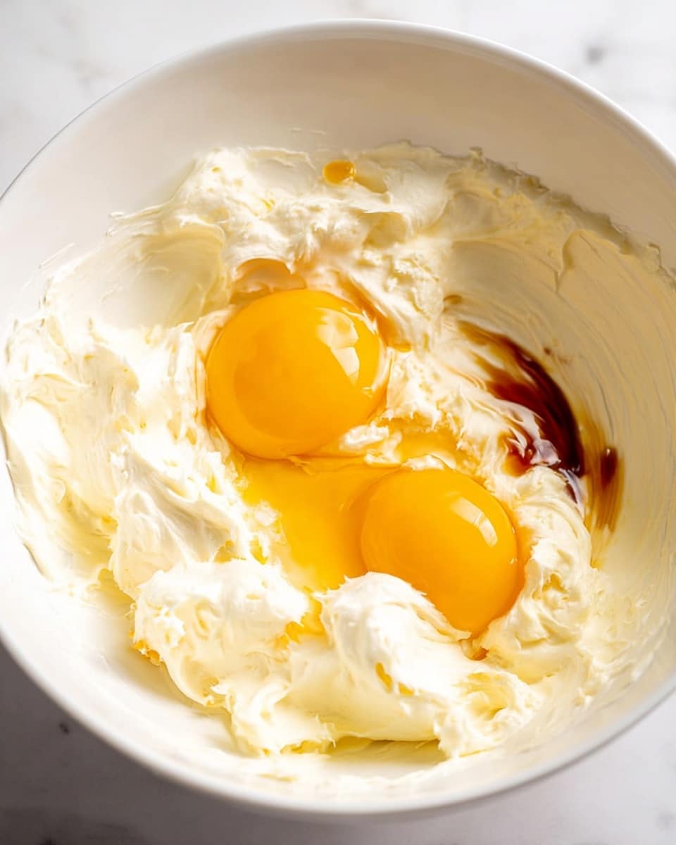 The image shows a close-up of a white bowl with soft cream cheese or butter spread around the sides and bottom. Two raw eggs sit on top of the creamy mix, with their bright yellow yolks and clear whites visible. A small amount of dark brown liquid, likely vanilla extract, is added near the eggs, creating streaks on the creamy texture. The background has a clean white marbled texture. photo taken with an iphone --ar 4:5 --v 7