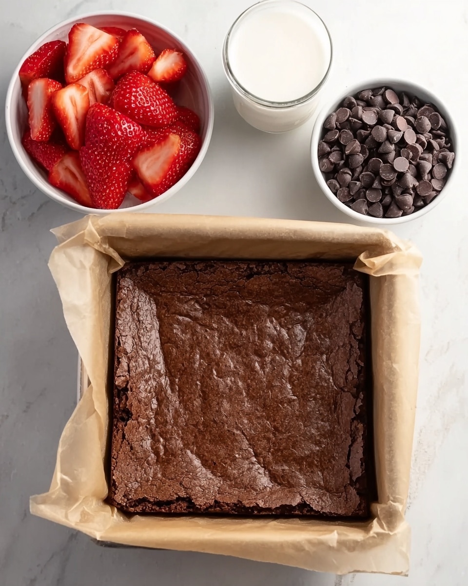 The image shows a square pan with baked brownies lined with parchment paper, deep brown and slightly cracked on top, placed on a white marbled surface. To the upper left of the pan, there is a white bowl filled with sliced strawberries, bright red with visible seeds and soft texture. To the upper right of the pan, a white bowl contains dark, shiny chocolate chips. Between the two bowls, there is a clear glass with milk, creamy white in color. photo taken with an iphone --ar 4:5 --v 7