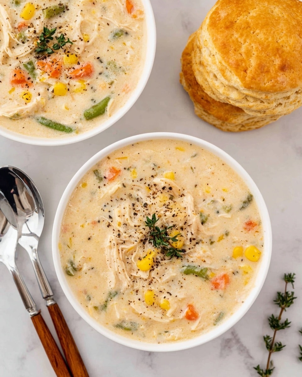 Two white bowls are filled with creamy soup that has a light beige color and a thick texture. The soup has visible small pieces of orange carrots, yellow corn, green beans, and white shredded chicken scattered throughout. Each bowl is garnished with a small green sprig of fresh thyme and some black pepper flakes on top. To the right, there are two golden-brown biscuits stacked on a white marbled surface. Next to the bottom bowl, there are two silver spoons with wooden handles resting on the surface. photo taken with an iphone --ar 4:5 --v 7