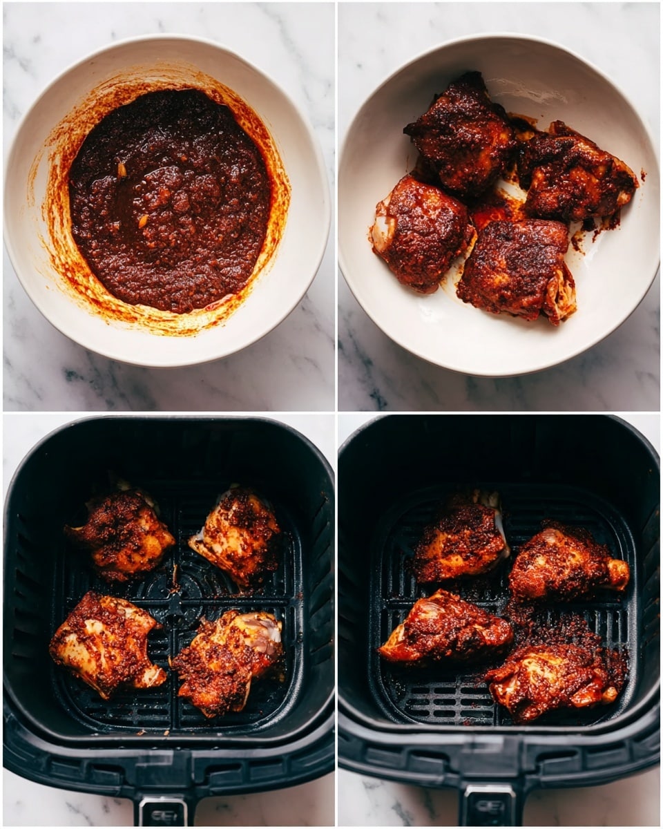 The image shows four steps of making a spiced chicken dish in a grid. The first step is a white bowl with a thick, dark reddish-brown sauce with a coarse texture inside. The second step shows the same bowl with raw chicken thighs coated evenly with the dark sauce, the bowl’s sides stained with the sauce. The third step shows four pieces of coated raw chicken placed loosely in a black air fryer basket. The last step shows the same chicken pieces now cooked with a dark reddish-brown crispy surface and a slightly charred texture in the air fryer basket. The background is a white marbled surface photo taken with an iphone --ar 4:5 --v 7