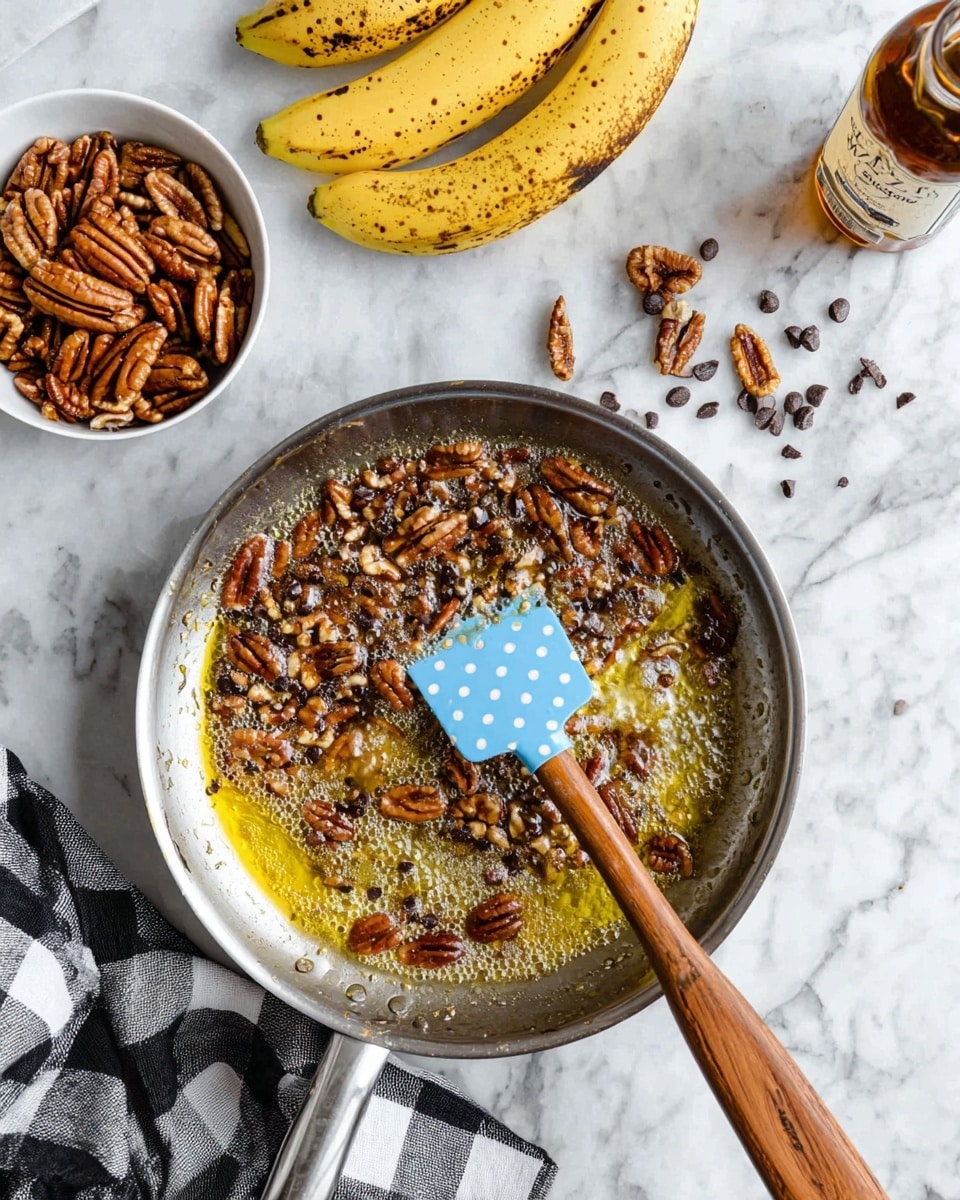 A silver pan filled with a bubbling mixture of chopped pecans and melted butter, showing a mix of golden yellow liquid and dark brown nuts with a slightly foamy texture on top. A blue spatula with white polka dots and a wooden handle rests inside the pan. To the left, a white bowl is filled with whole pecans, with a few scattered around on a white marbled surface. Above the pan, two ripe bananas with brown spots and some small chocolate chips sit on the same white marbled surface. Nearby is a bottle labeled vanilla. A black and white checkered cloth is placed at the bottom left corner. photo taken with an iphone --ar 4:5 --v 7